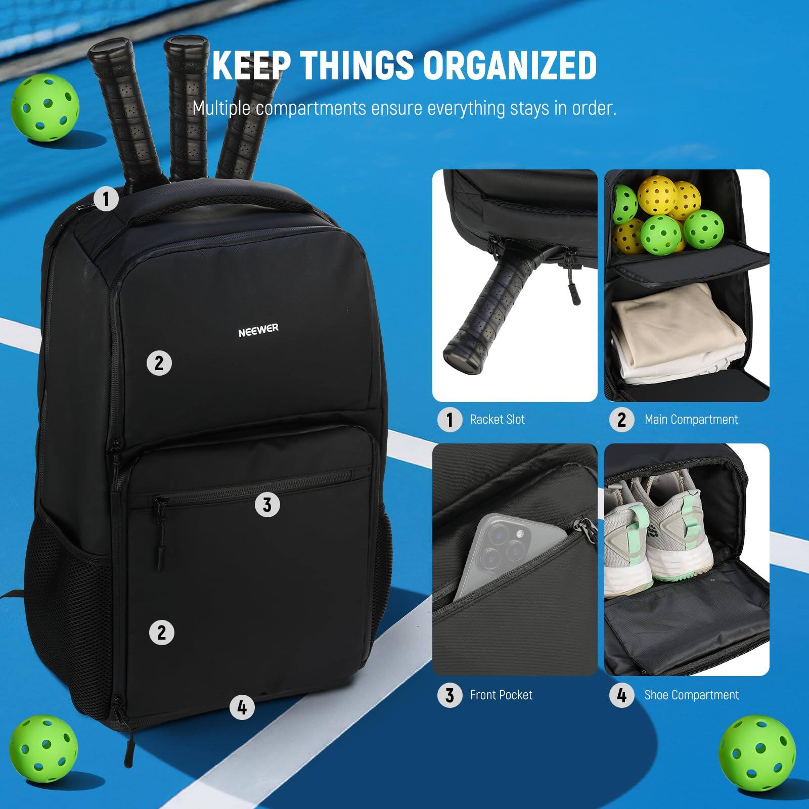 KEEP THINGS ORGANIZED  
Multiple compartments ensure everything stays in order.  

1. NEEWER  
2. 1 Racket Slot  
3. 2 Main Compartment  
4. 3 Front Pocket  
5. 4 Shoe Compartment