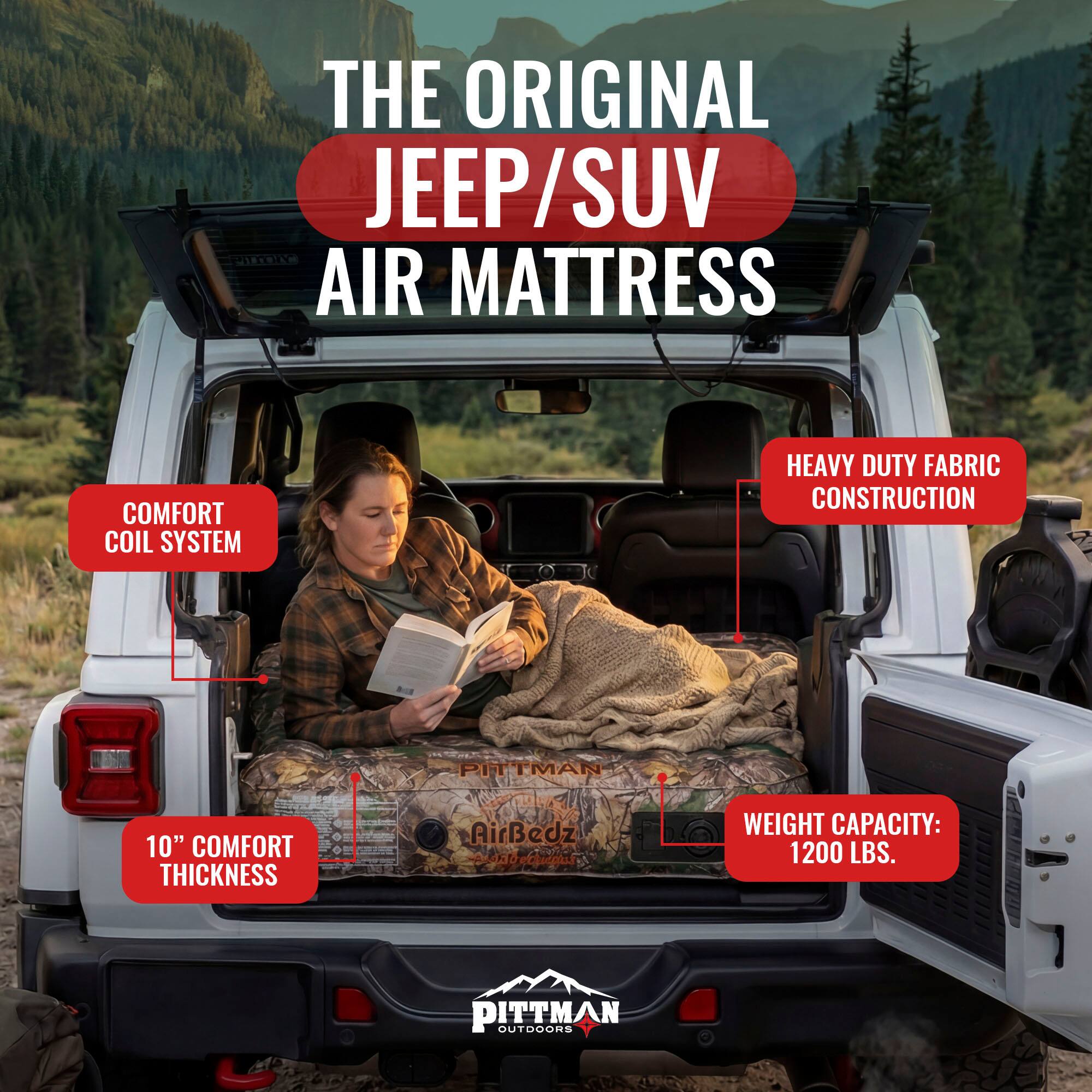 THE ORIGINAL JEEP/SUV AIR MATTRESS COMFORT COIL SYSTEM HEAVY DUTY FABRIC CONSTRUCTION PITTMAN PIN 10" COMFORT THICKNESS AirBedz 55 - ddddir WEIGHT CAPACITY: 1200 LBS. PITTMAN OUTDOORS