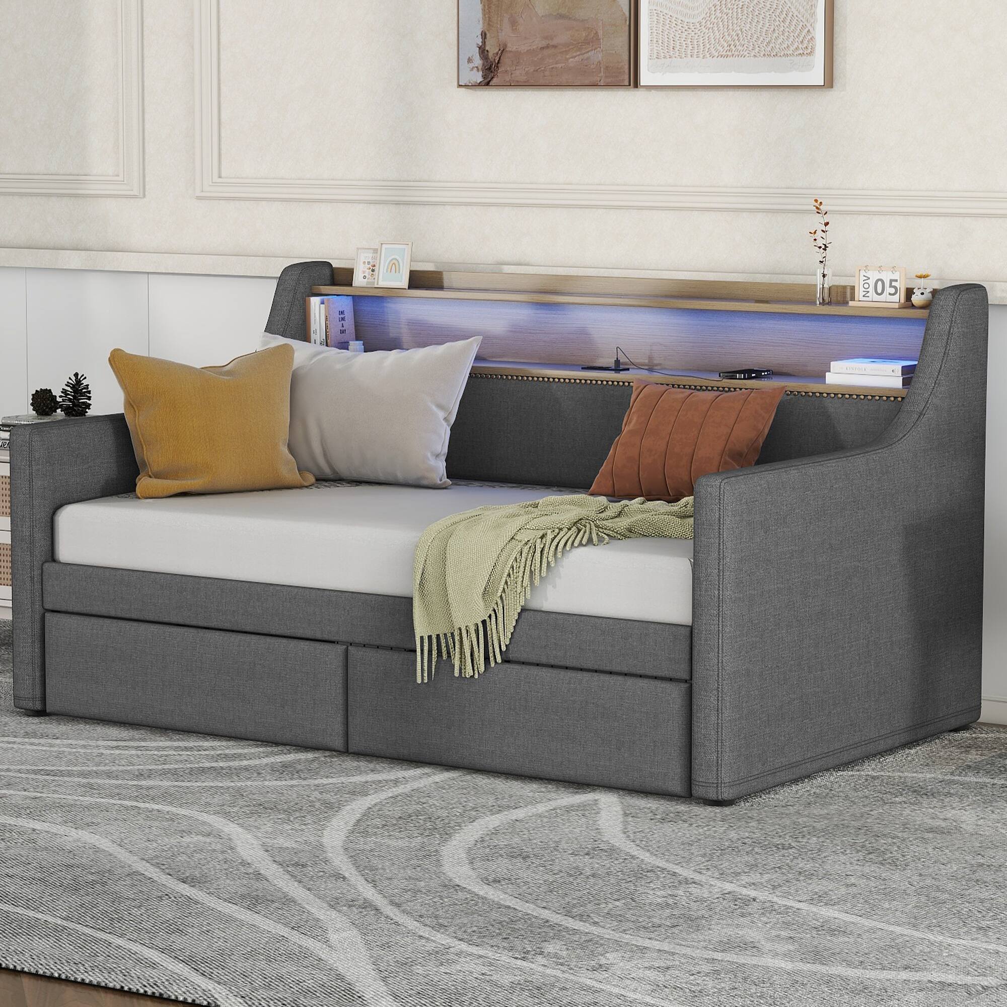 Alt View 1. PexFix - Twin Daybed with Storage Drawers, LED Lights & Charging Station, Upholstered Bed for Guest Room - Gray.