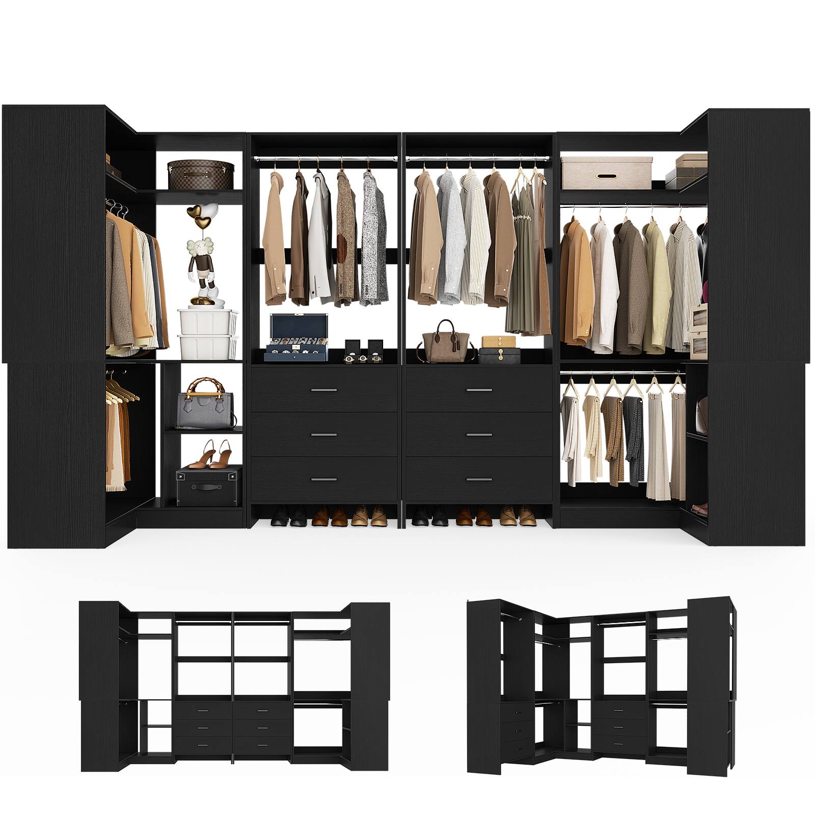 Angle. Aheaplus - U-Shaped Closet Organizer System with 6 Drawers, 112.5" Walk-in Wardrobe System with Hanging Rods & Shelves, Set of 4 - Black.