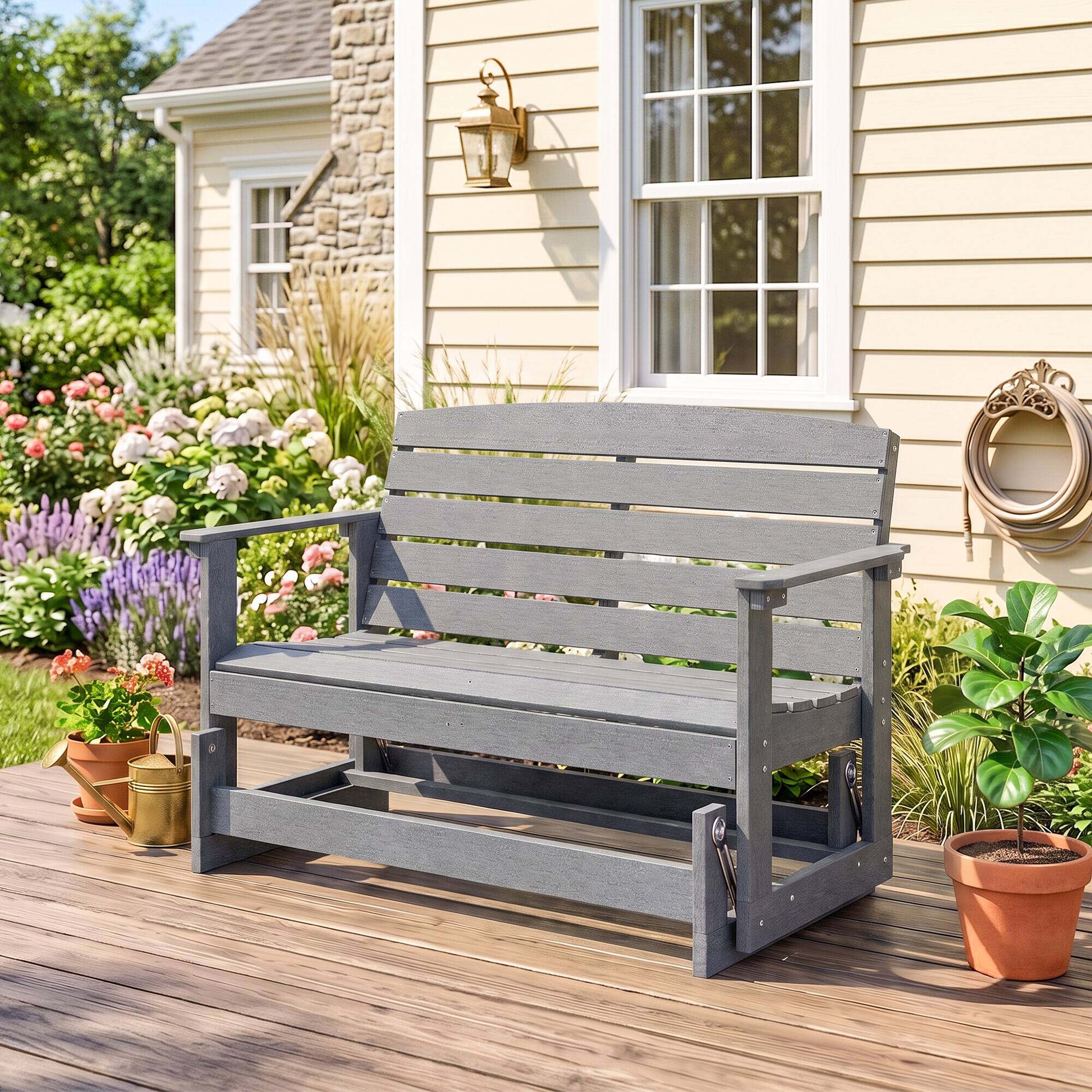 Alt View 1. Outsunny - Glider Bench w/ HDPE Slatted Double Rocking Chair - Light Gray.