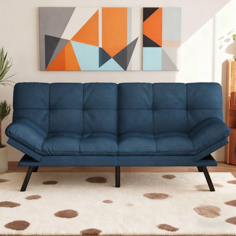 Vipbear - 71" Futon Sofa Bed, Cozy Convertible Loveseat Sleeper, Linen Fabric Couch with Adjustable Back & Arms - Blue