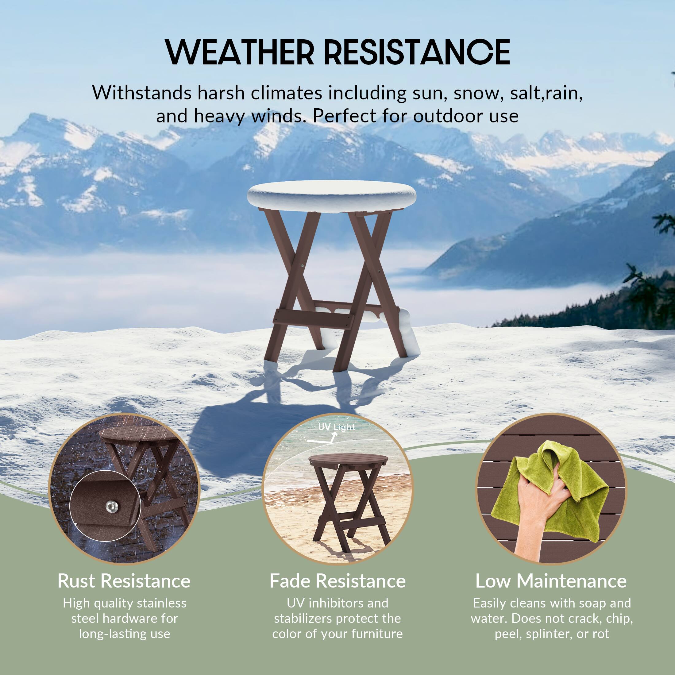 WEATHER RESISTANCE  
Withstands harsh climates including sun, snow, salt, rain, and heavy winds. Perfect for outdoor use  

Rust Resistance  
High quality stainless steel hardware for long-lasting use  

Fade Resistance  
UV inhibitors and stabilizers protect the color of your furniture  

Low Maintenance  
Easily cleans with soap and water. Does not crack, chip, peel, splinter, or rot