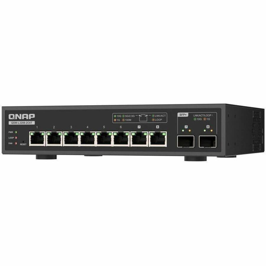 QNAP QSW-L3208-2C6T

1 2 3 4 5 6

10G 5G/2.5G 1G 100M

LNK/ACT

6 LOOP

SFP+ LNK/ACTILOOP

OG G

7 8

PMR

LOOP

FAN

RESET