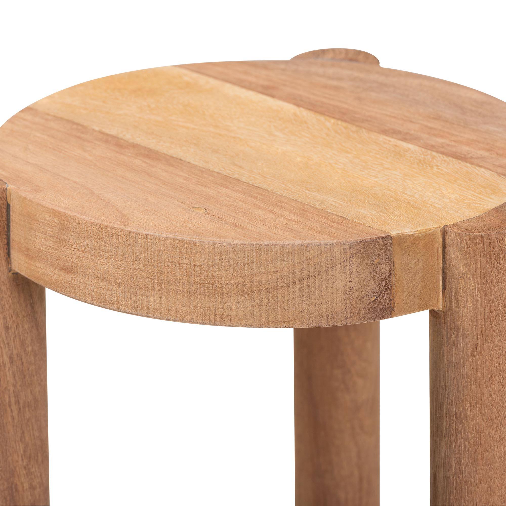 Left. bali & pari - Shadi Acacia Wood Multipurpose Accent Stool - Sculptural End Table with Tripod Base - Natural Brown.