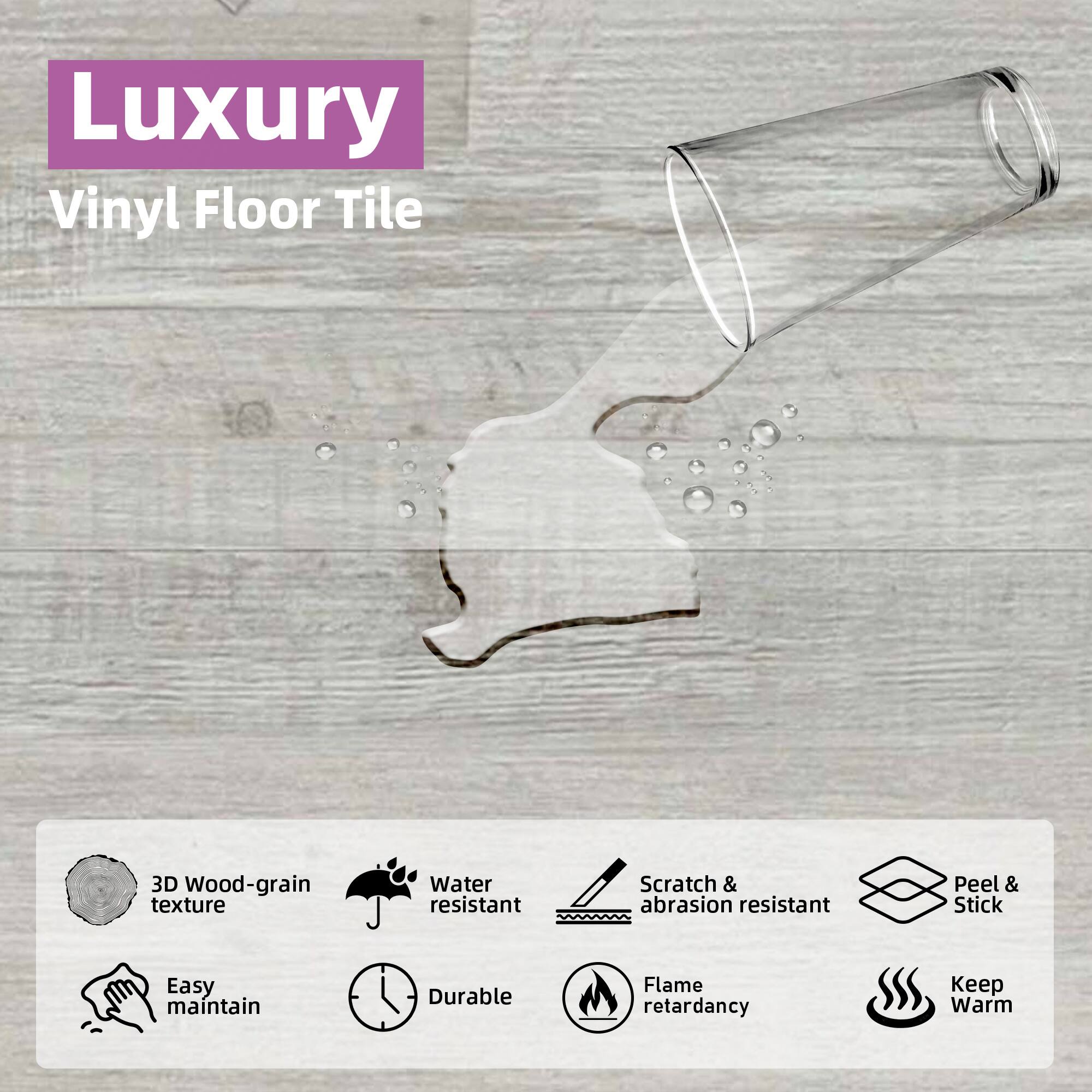 Luxury Vinyl Floor Tile

- 3D Wood-grain texture
- Water resistant
- Scratch & abrasion resistant
- Peel & Stick
- Easy maintain
- Durable
- Flame retardancy
- Keep Warm