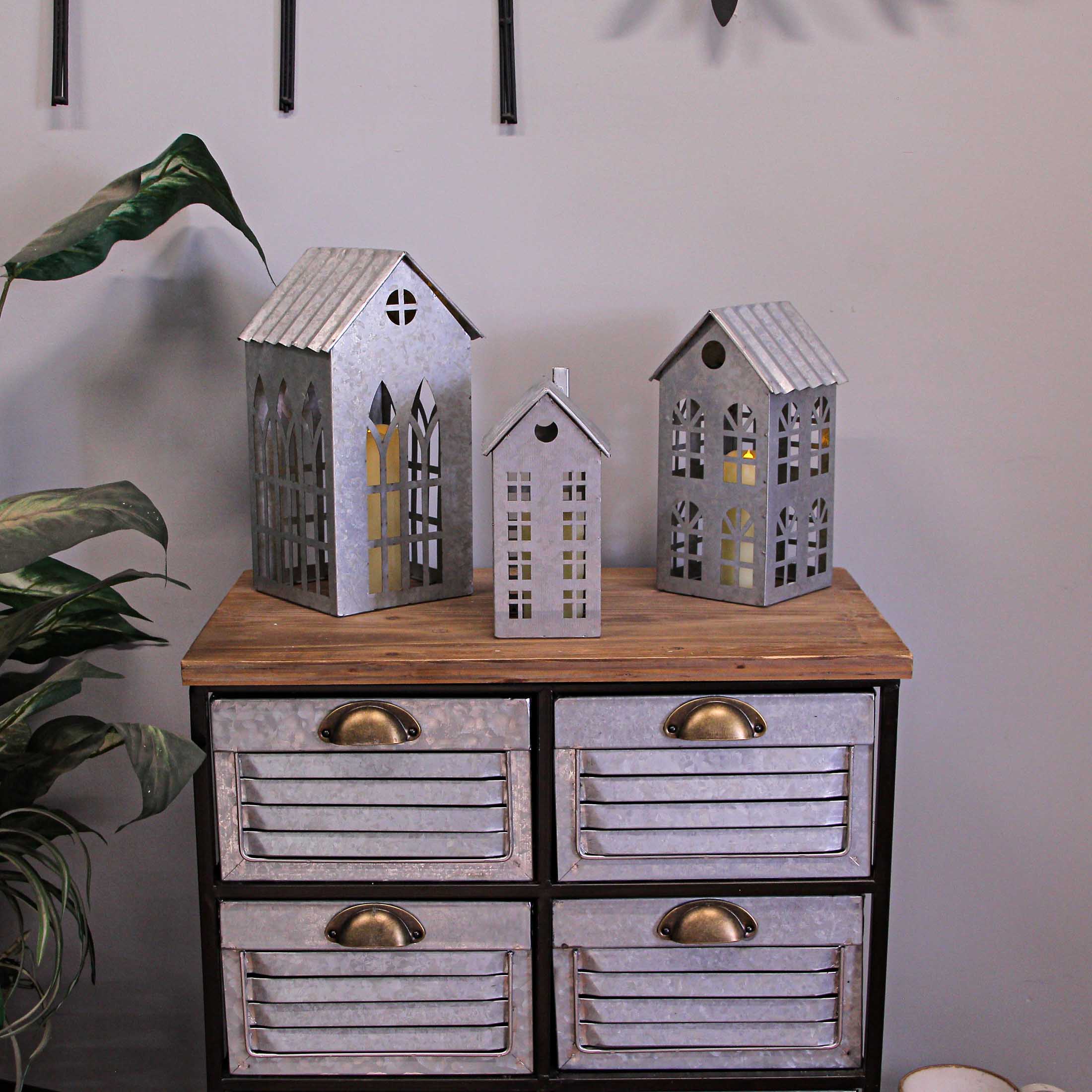 Alt View 4. Zeckos - Set of 3 Country Farmhouse Galvanized Metal House Shaped Candle Holders - Silver.