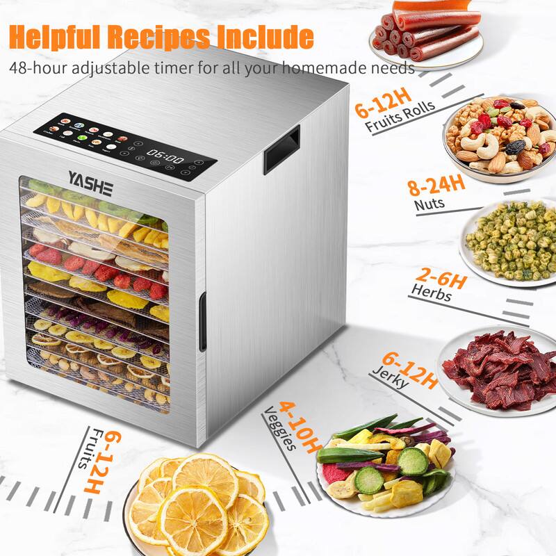 Helpful Recipes Include  
48-hour adjustable timer for all your homemade needs  

- Fruits: 6-12H  
- Veggies: 4-10H  
- Jerky: 6-12H  
- Herbs: 2-6H  
- Nuts: 8-24H  
- Fruits Rolls: 6-12H