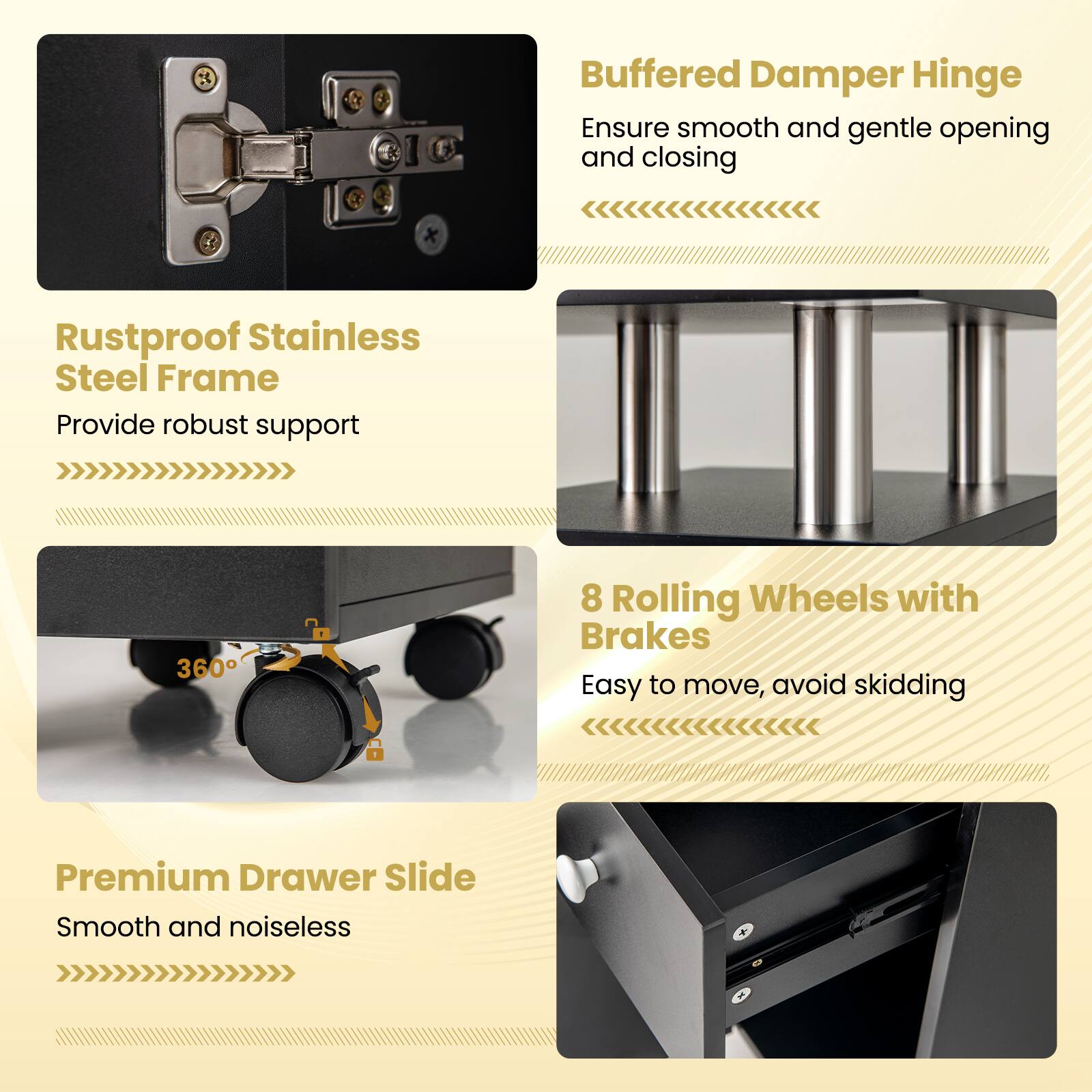 Buffered Damper Hinge, Rustproof Stainless Steel Frame, 8 Rolling Wheels with Brakes, Premium Drawer Slide
