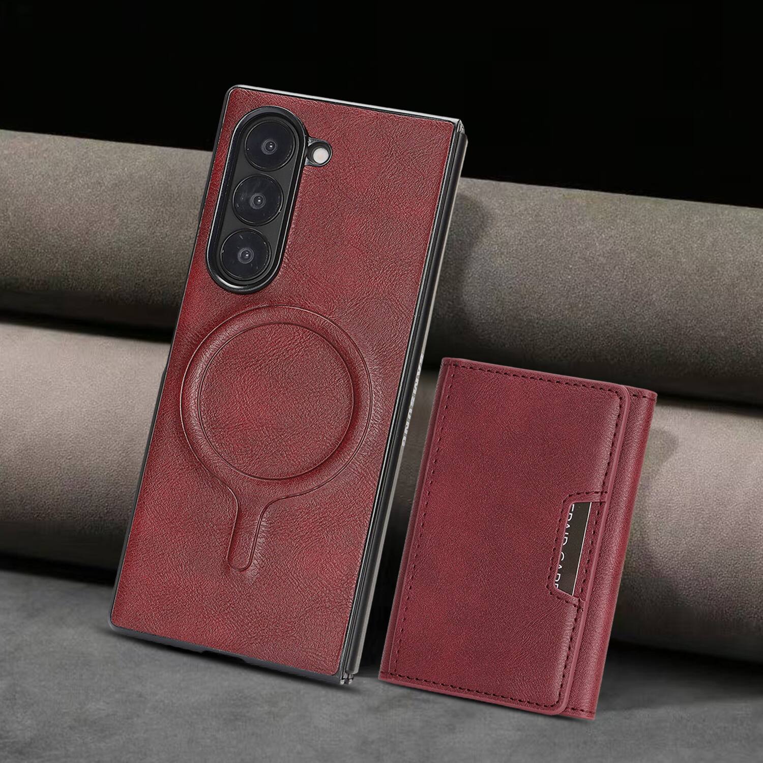 Left. Dteck - 2-in-1 Magnetic Wallet Case for Samsung Galaxy Z Fold6, Shockproof PU Leather Cover with Detachable 7-Card Holder - Winered.