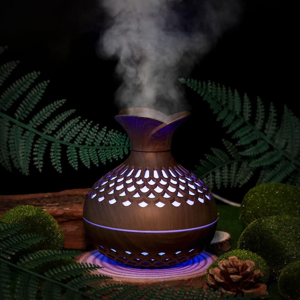 Front. MOSZAR LLC - Portable Mini Humidifier, 300ml, Quiet Cool Mist, USB Desktop Diffuser, Dark Wood.