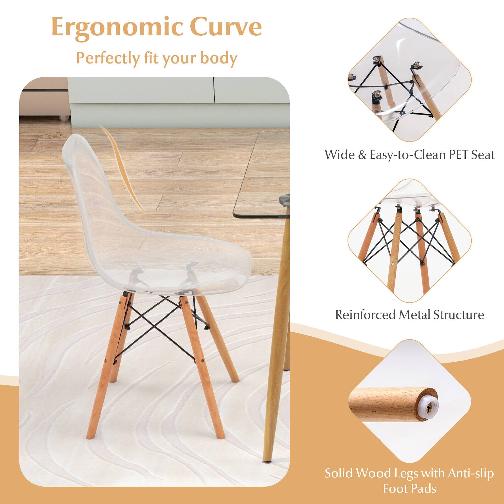 Ergonomic Curve  
Perfectly fit your body  

Wide & Easy-to-Clean PET Seat  

Reinforced Metal Structure  

Solid Wood Legs with Anti-slip Foot Pads
