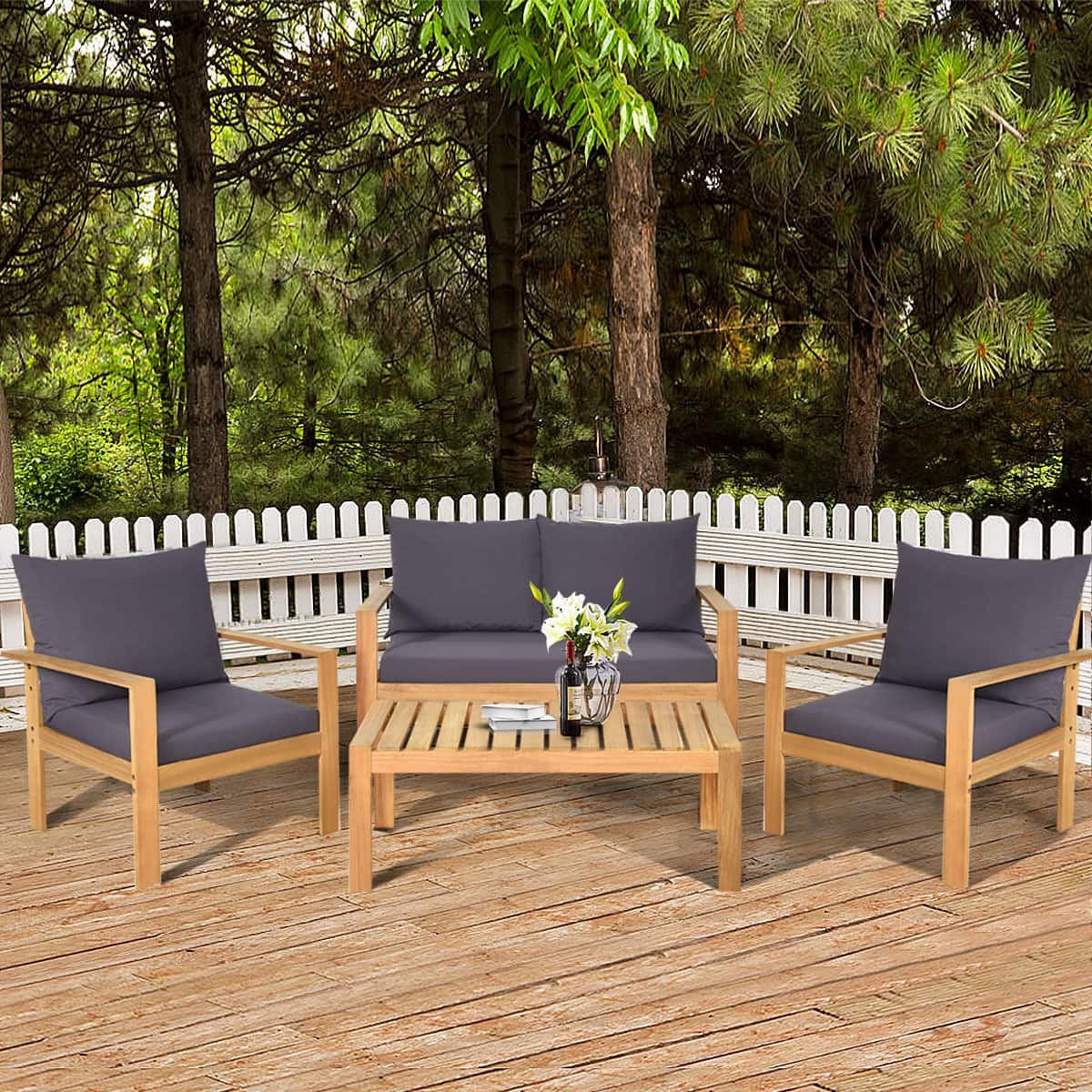 Gymax - 4PCS Cushioned Wooden Conversation Set Patio Outdoor Furniture Set with Cover - Gray
