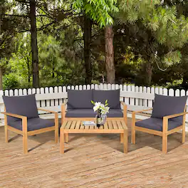 Gymax - 4PCS Cushioned Wooden Conversation Set Patio Outdoor Furniture Set with Cover - Gray