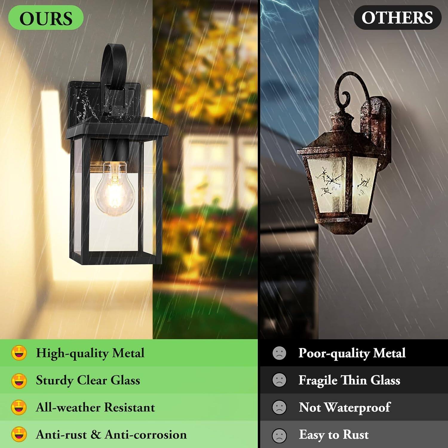 **OURS**

- High-quality Metal
- Sturdy Clear Glass
- All-weather Resistant
- Anti-rust & Anti-corrosion

**OTHERS**

- Poor-quality Metal
- Fragile Thin Glass
- Not Waterproof
- Easy to Rust