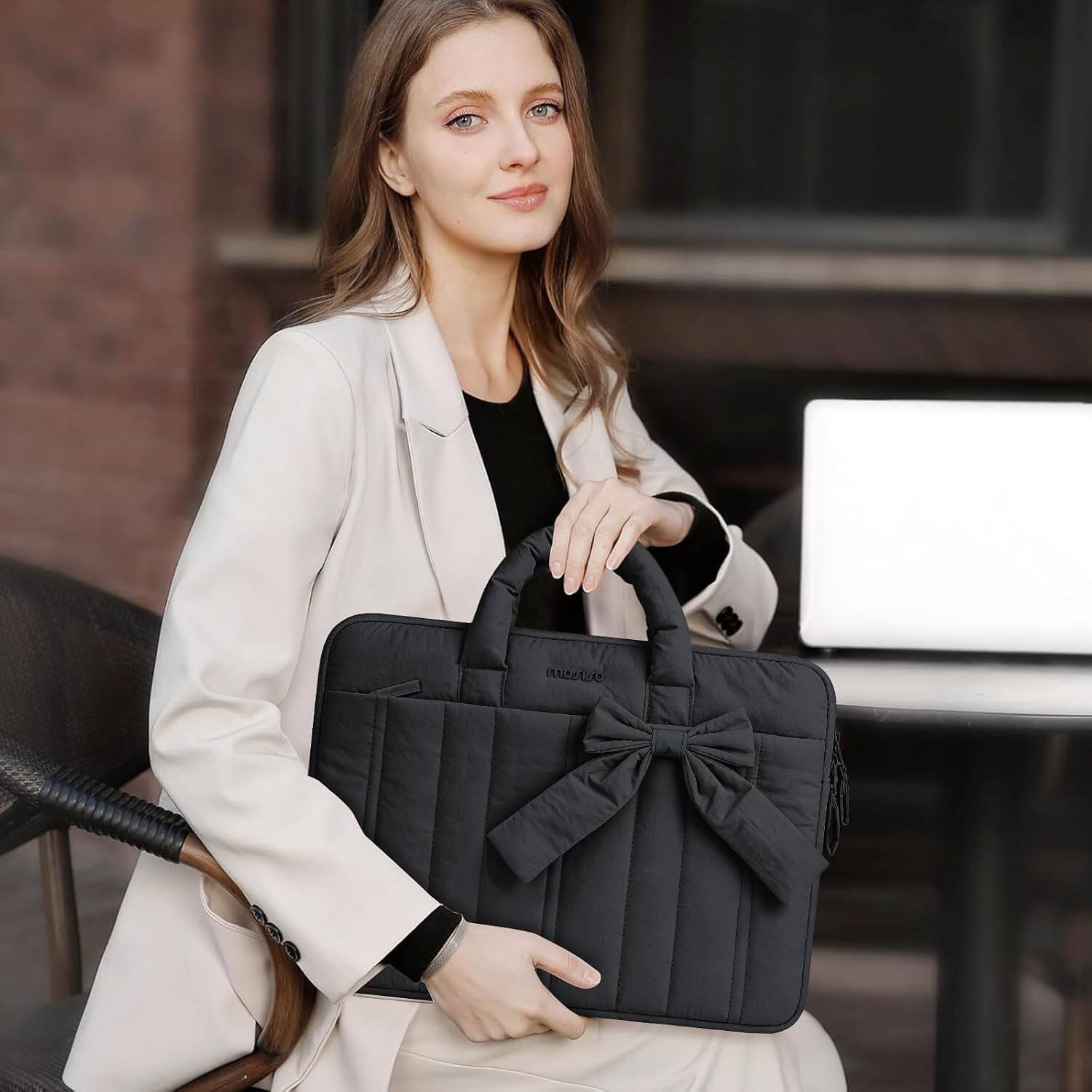 Alt View 5. mosiso - Puffy Laptop Sleeve 13-13.3 Inch, Laptop Carrying Case with Handle for MacBook Air Pro Neo 13 14 HP Dell ASUS Lenovo - Black.