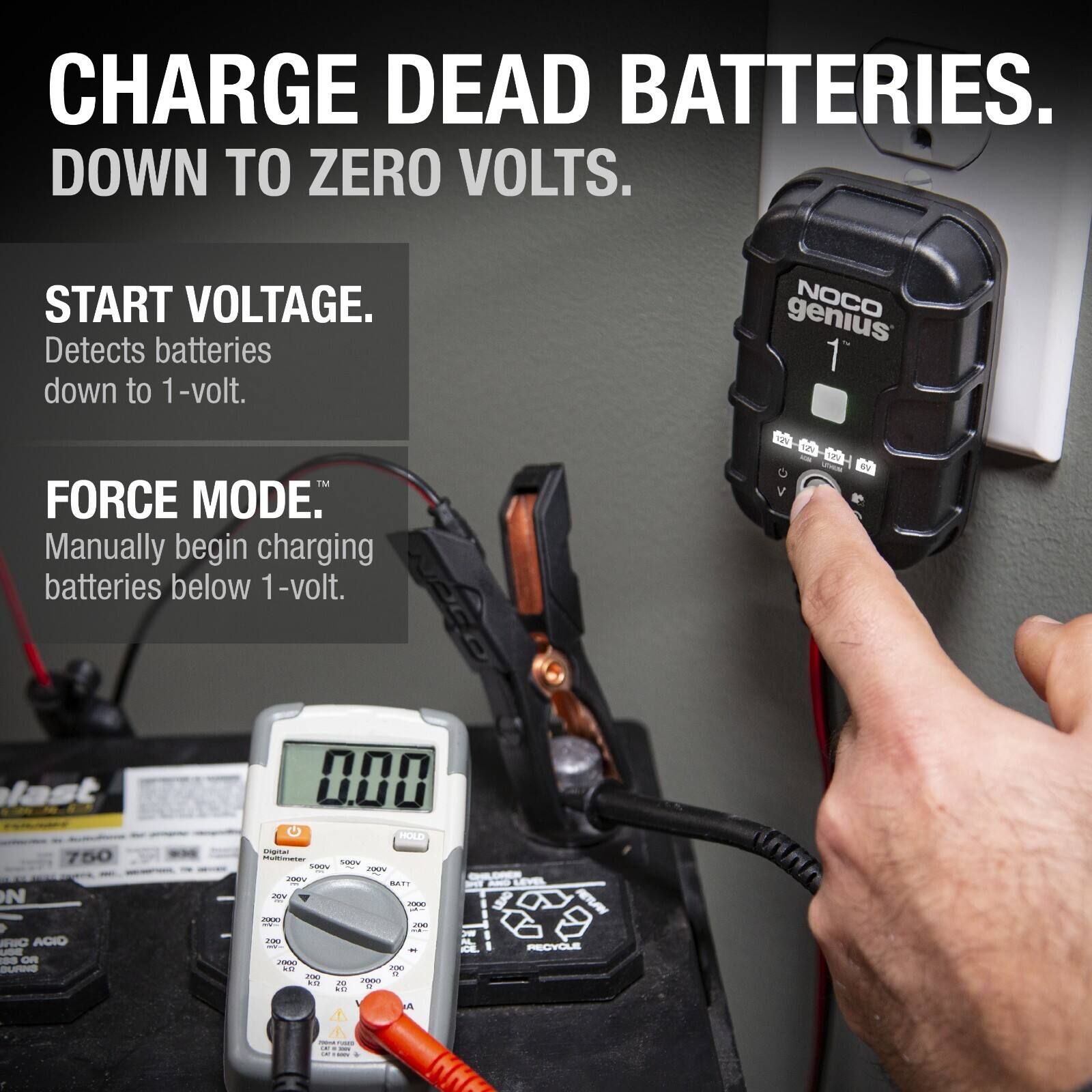 CHARGE DEAD BATTERIES.  
DOWN TO ZERO VOLTS.  

START VOLTAGE.  
Detects batteries down to 1-volt.  

FORCE MODE.  
Manually begin charging batteries below 1-volt.  

NOCO genius 1