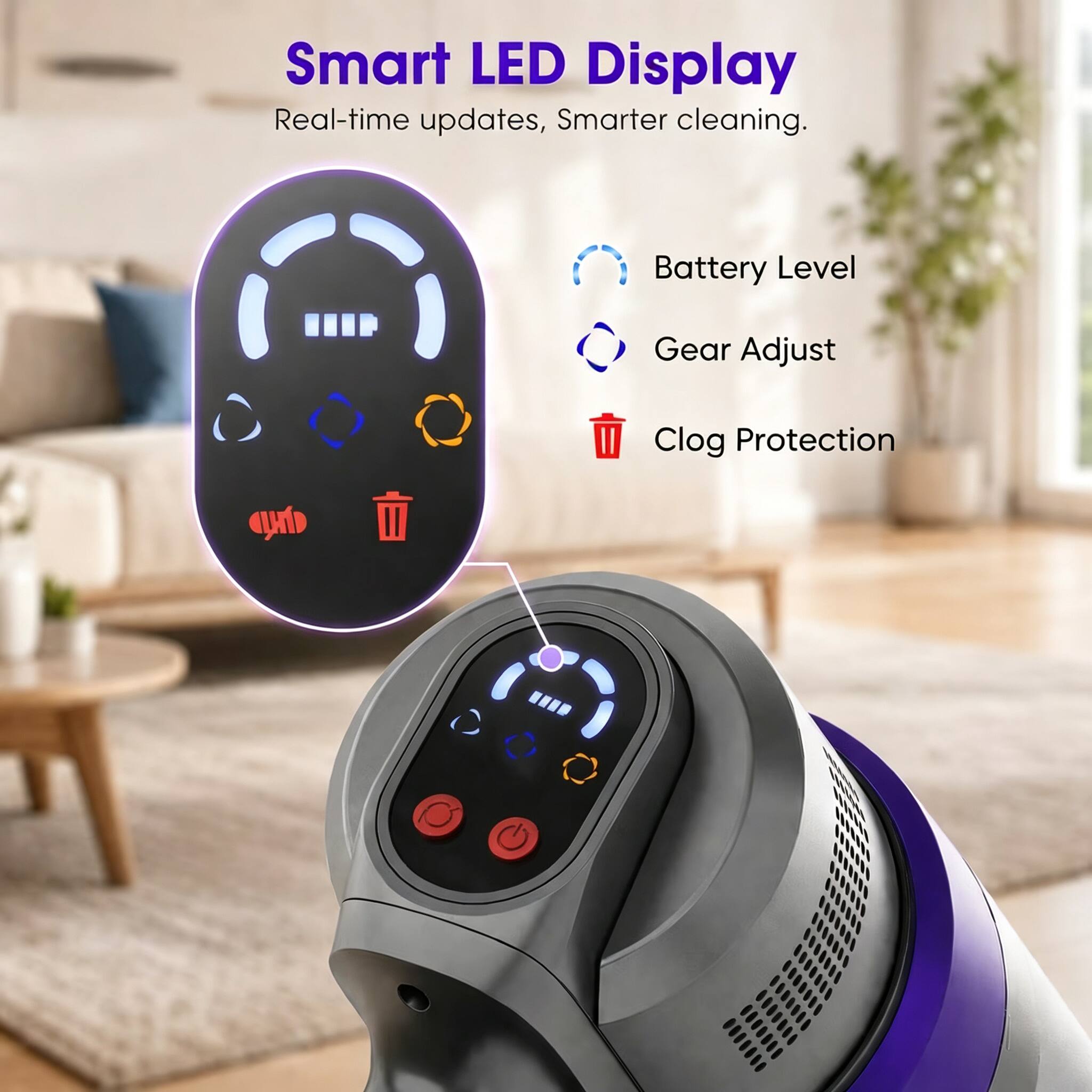 Smart LED Display  
Real-time updates, Smarter cleaning.  

- Battery Level  
- Gear Adjust  
- Clog Protection