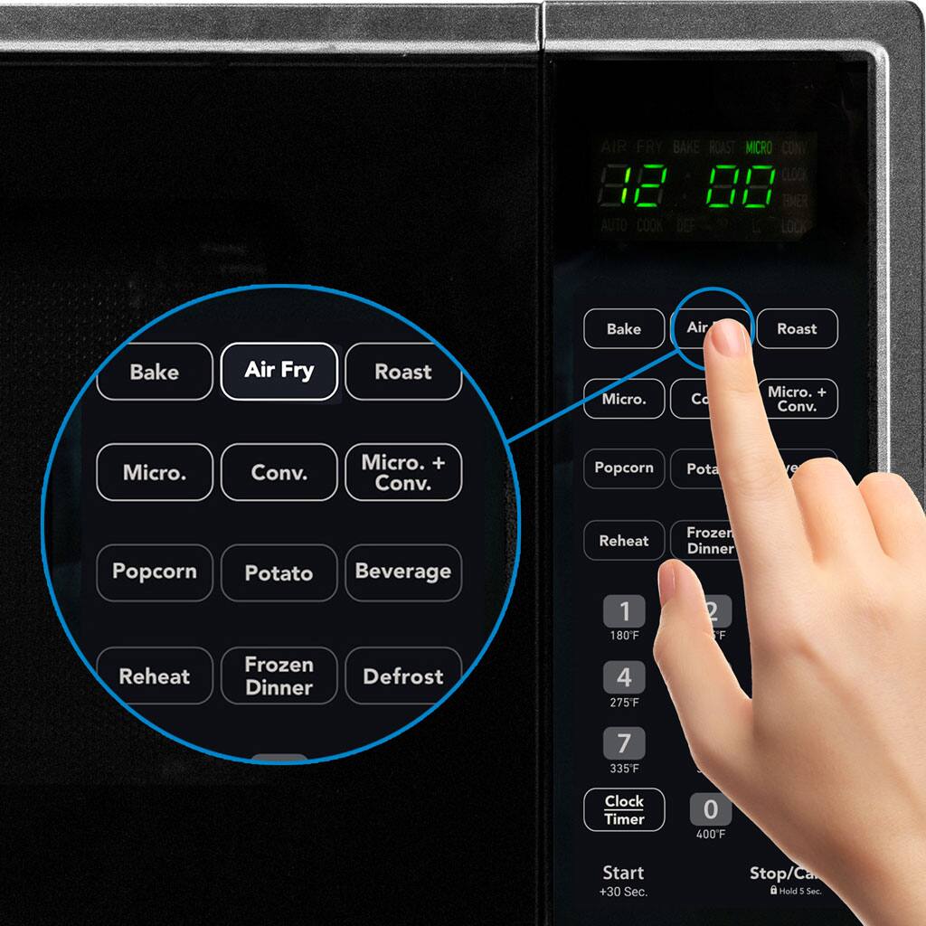 AIR FRY BAKE ROAST MICRO CONV CLOCA 88 80 TIMER AUTO COOK DEF L LOCK  
Bake Air Roast Bake Air Fry Roast Micro. Co Micro. + Conv. Micro. Conv. Micro. + Conv. Popcorn Potato Beverage Reheat 1 180F Frozen Dinner 2 F Reheat Frozen Dinner Defrost 4 275'F 7 335F Clock Timer 0 400F Start +30 Sec Stop/Ca Hold 5 Sec