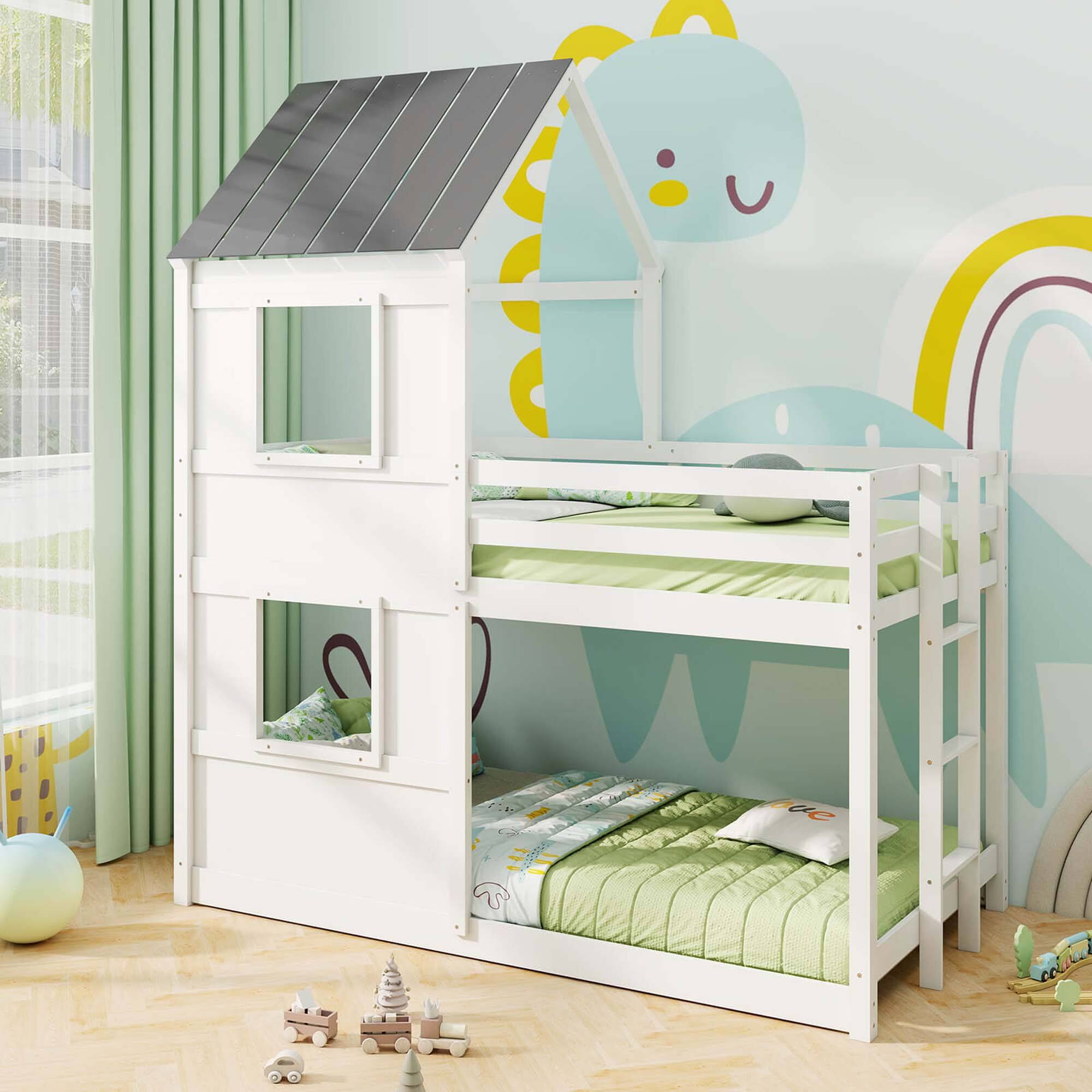 Angle. Costway - House Bunk Bed Twin Over Twin with Built in Ladder Window & Safety Guardrail - White.