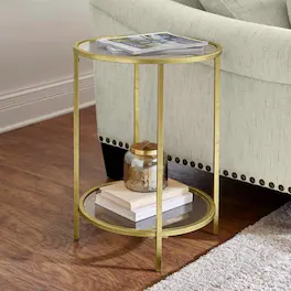 Hivvago - Round Accent Side Table Metal Glass Top Bottom Shelf End Table - Gold