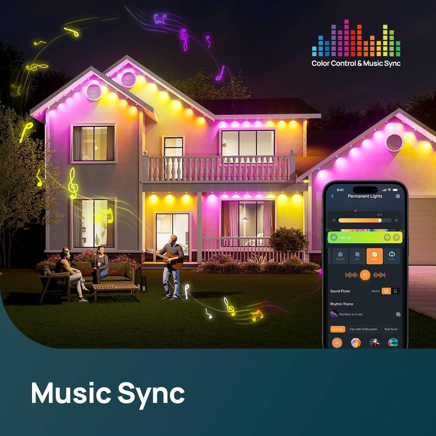 Color Control & Music Sync

Permanent Lights

9:41

Let's go

Sound Picker

Rhythm Theme
Rainbow is in use

Defeat
Fuzz with Enthusiasm
Visit Store

Music Sync