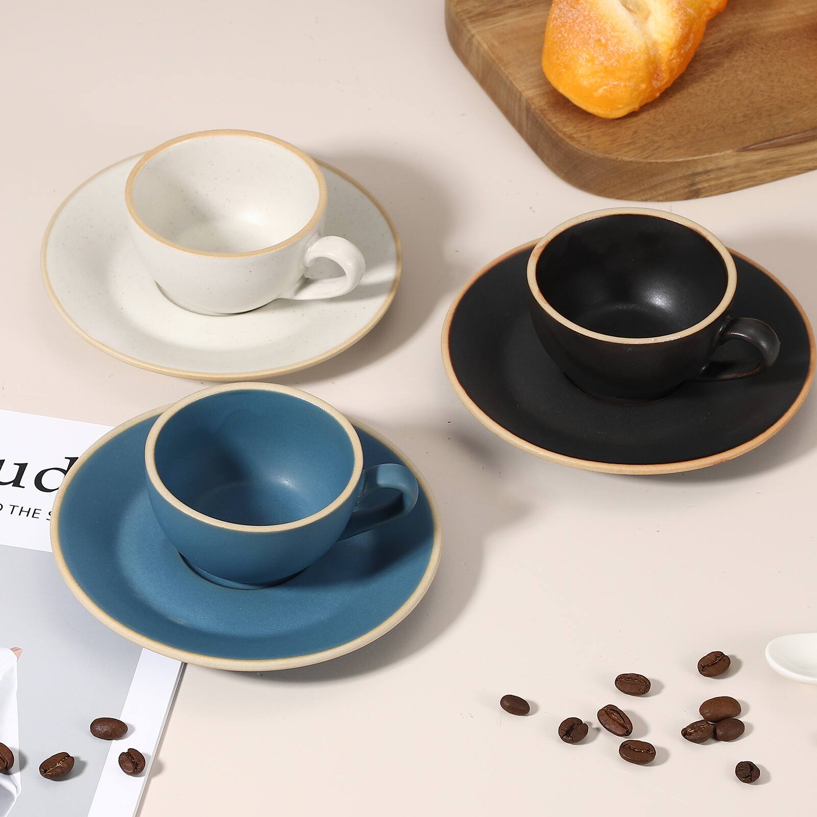 Alt View 4. Unique Bargains - Handmade Vintage Espresso Cups, 3oz Coffee Cups & Saucers Ceramic Tea Cup w/Handle, Microwave Safe for Home Office Gifts - Morandi Black.