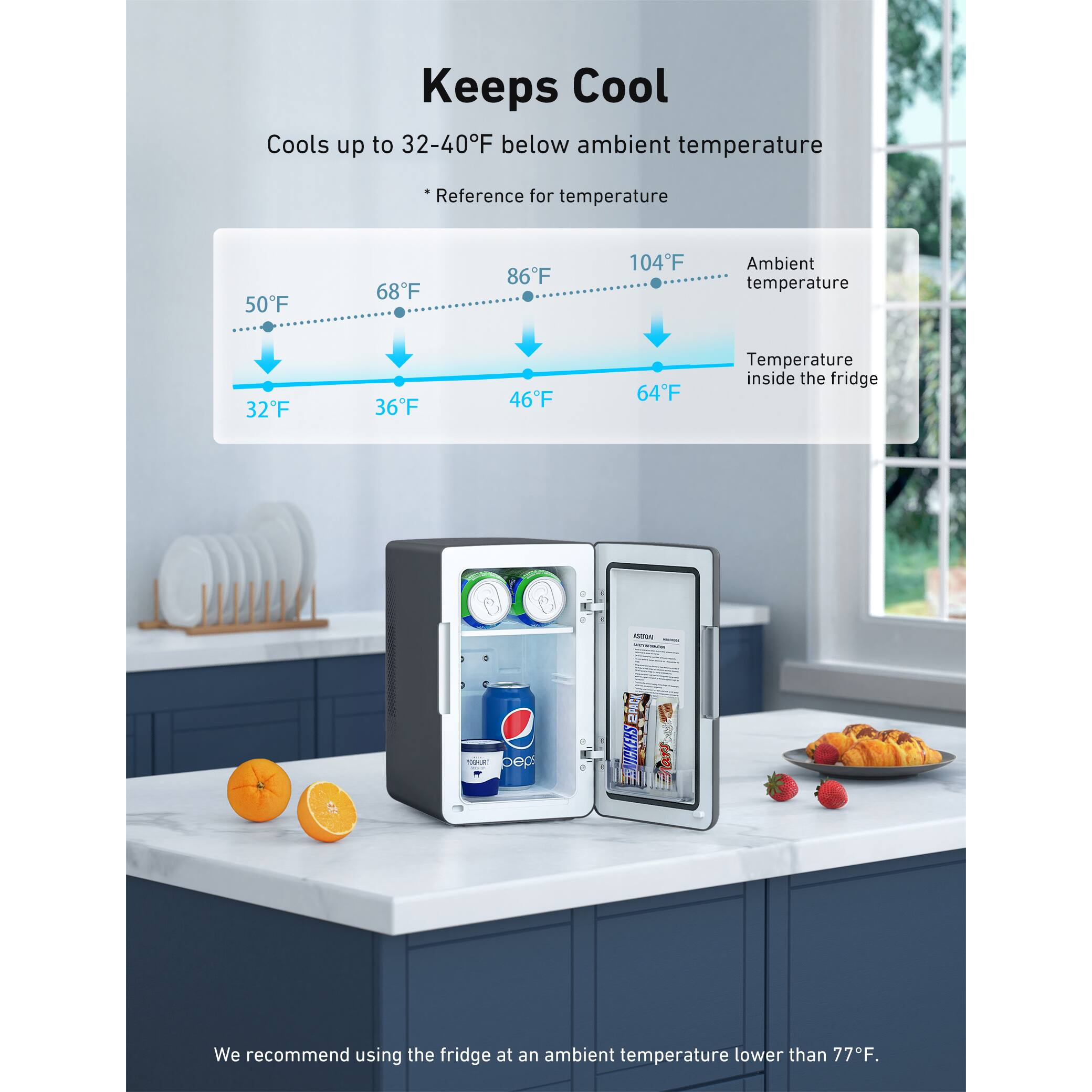 Keeps Cool  
Cools up to 32-40°F below ambient temperature  

*Reference for temperature  
Ambient temperature  
50°F 68°F 86°F 104°F  
Temperature inside the fridge  
32°F 36°F 46°F 64°F  

We recommend using the fridge at an ambient temperature lower than 77°F.