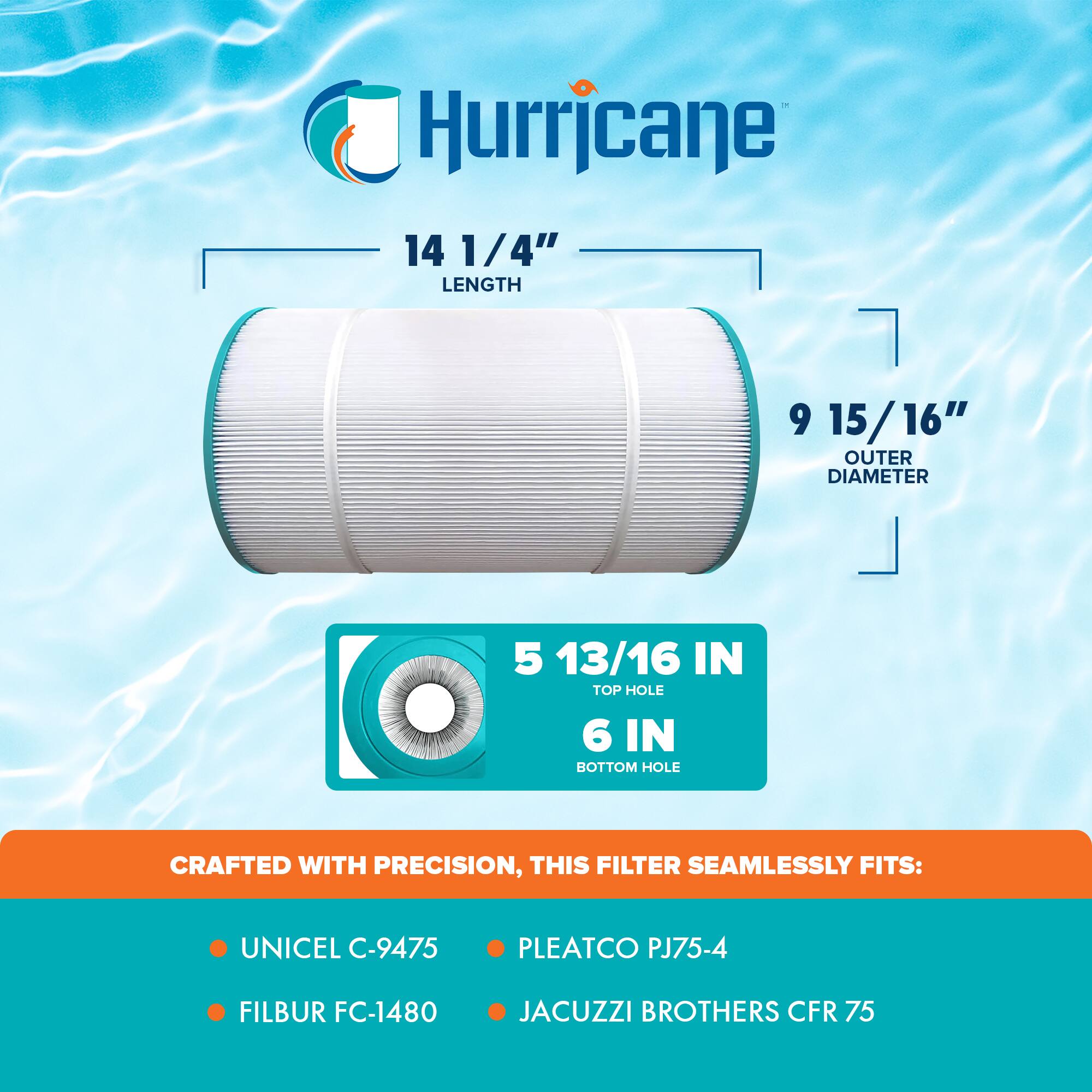 Hurricane

14 1/4" LENGTH

9 15/16" OUTER DIAMETER

5 13/16 IN TOP HOLE

6 IN BOTTOM HOLE

CRAFTED WITH PRECISION, THIS FILTER SEAMLESSLY FITS:

- UNICEL C-9475
- FILBUR FC-1480
- PLEATCO PJ75-4
- JACUZZI BROTHERS CFR 75