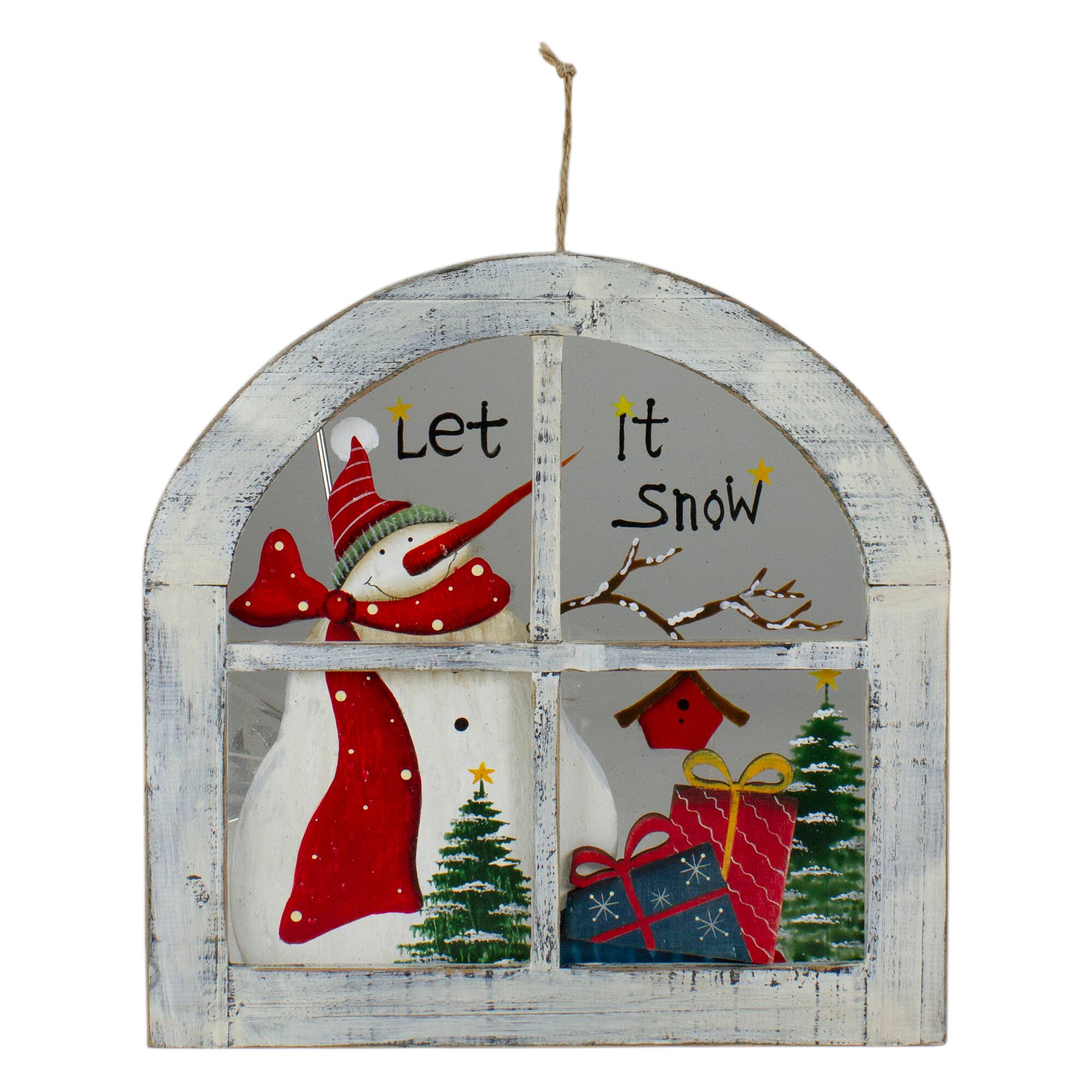 Northlight - Rustic "Let It Snow" Snowman Glass Window Scene Christmas Wall Decor - White