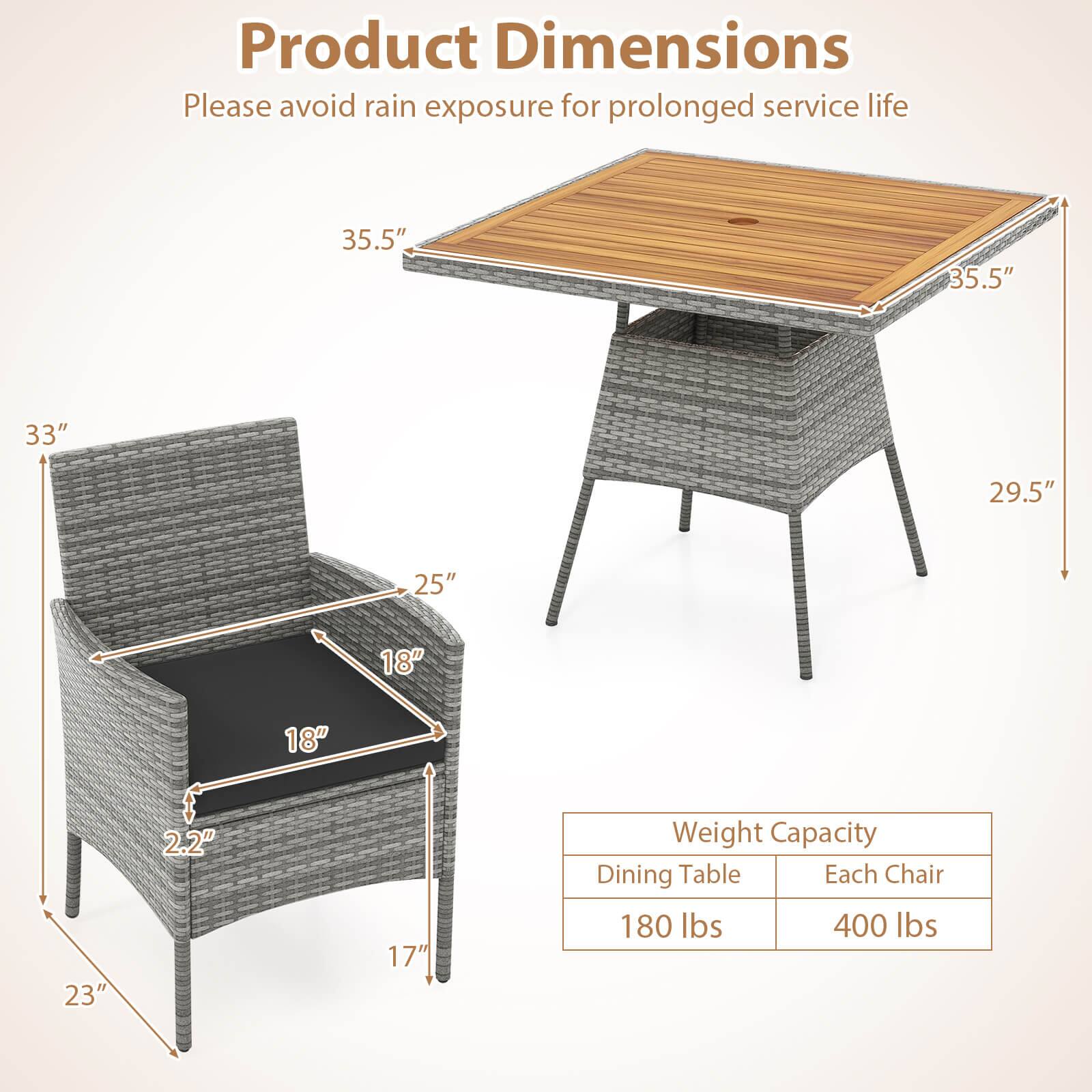 Product Dimensions
Please avoid rain exposure for prolonged service life
35.5" 35.5"
33" 29.5"
25" 18" 18" 23" 2.2" 17"
Weight Capacity
Dining Table Each Chair
180 lbs 400 lbs