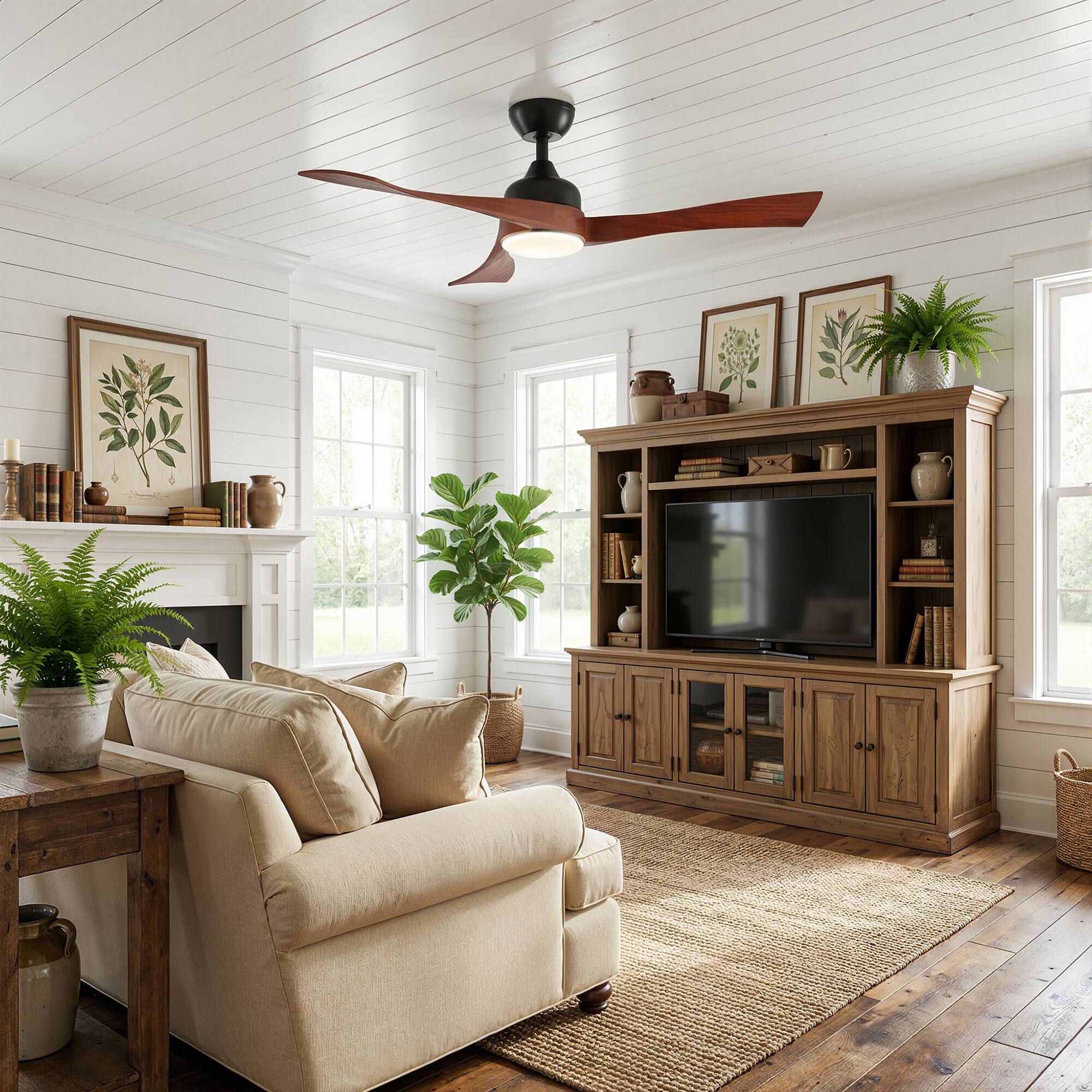 Angle. Famapy - 42-Inch Walnut Wood Ceiling Fan with Light - Smart APP & Remote Control, Reversible DC Motor for Bedroom,Living Room - Wooden.