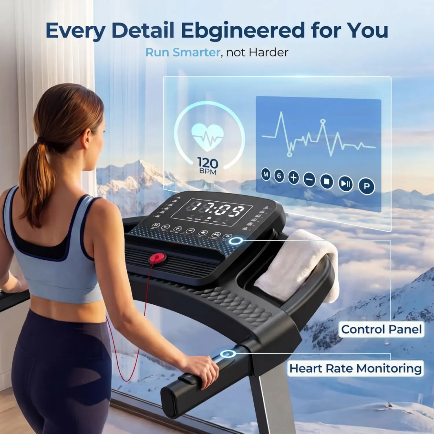 Every Detail Engineered for You  
Run Smarter, not Harder  

120 BPM  

Control Panel  
Heart Rate Monitoring
