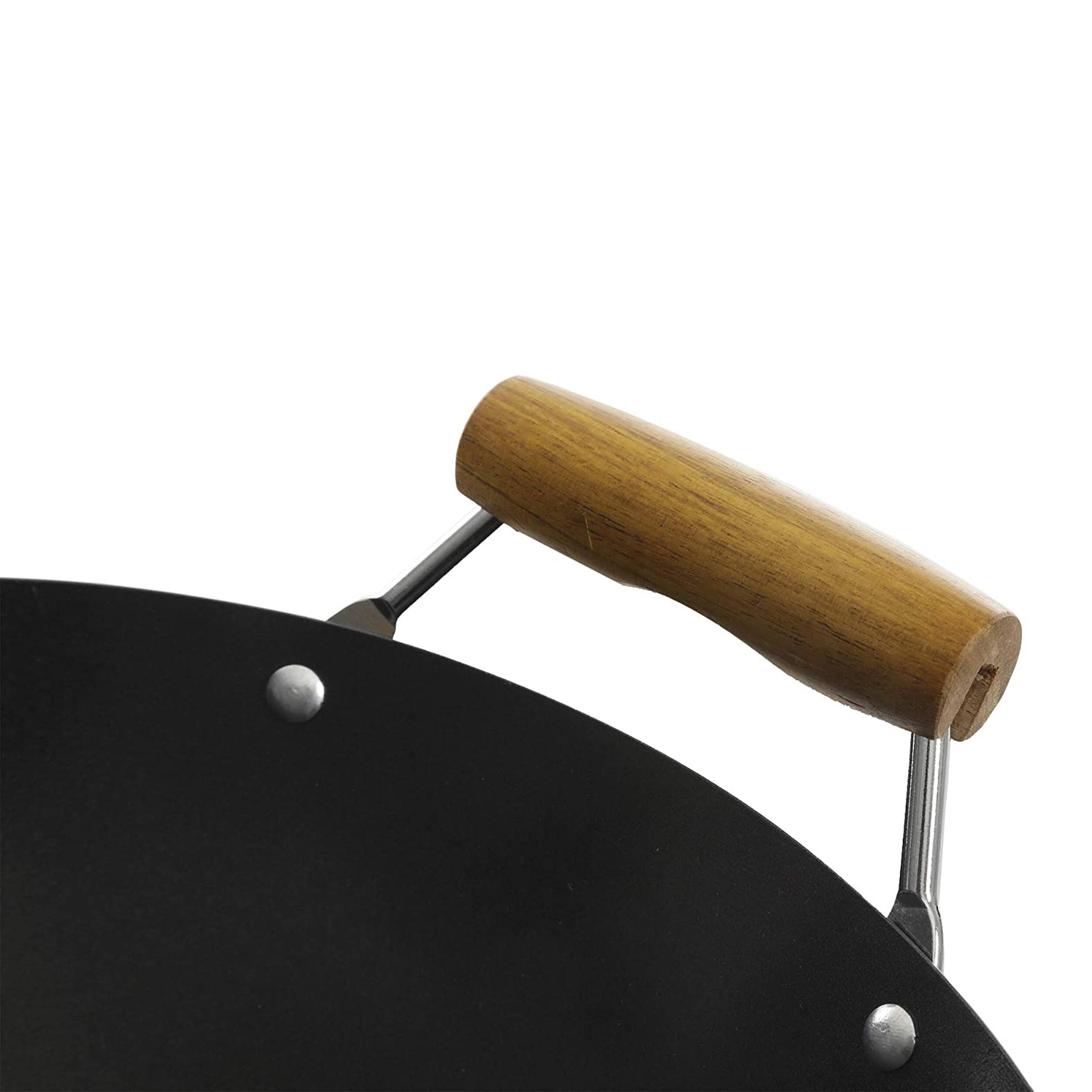 Alt View 4. Kenmore - Kenmore Hammond 14 Inch Flat Bottom Carbon Steel Wok in Black with Wooden Handles - Black.