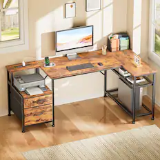 Front. Furnulem - Computer Desk With Drawers Power Outlet Gaming Desk With Storage Shelves for Home Office Desk - Brown.