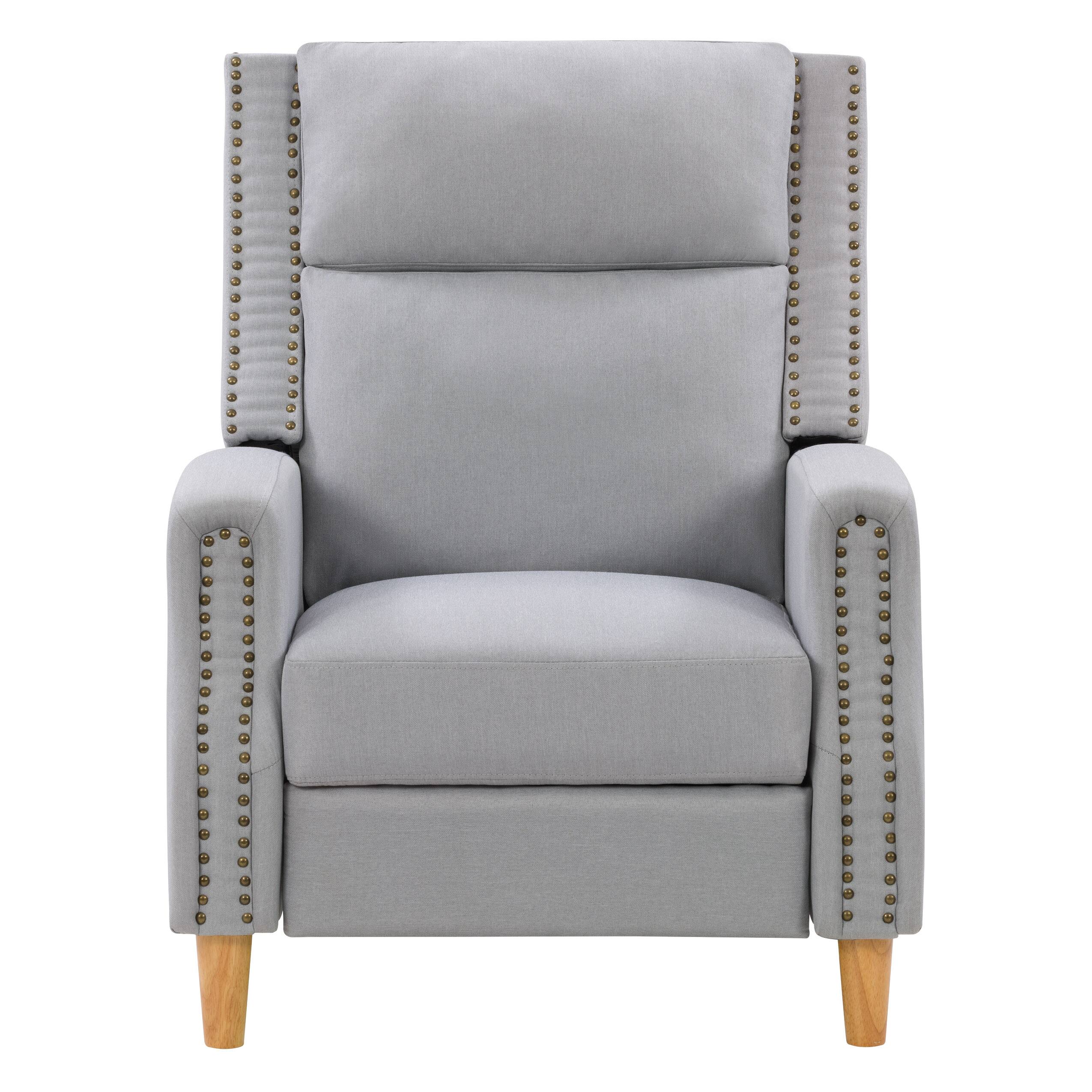 Front. CorLiving - Lynwood Contemporary Upholstered Manual Push Back Recliner Chair with Nail Head Trim Design - Light Grey.