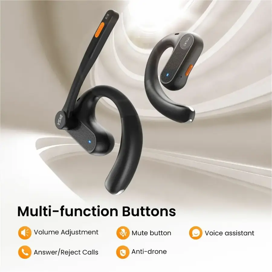 The text on the image is grouped and corrected as follows:

1. AT2 I EKSA Multi-function Buttons: Volume Adjustment, Mute button, Voice Assistant, Answer/Reject Calls, Anti-drone.