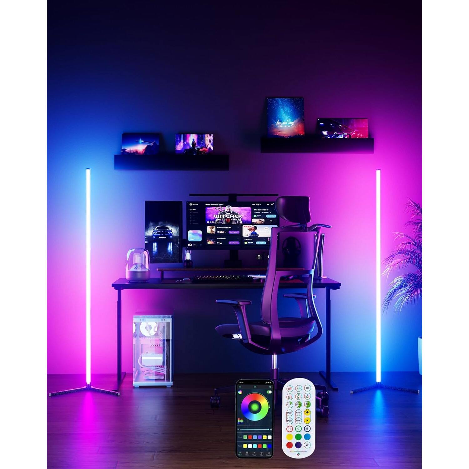PARKER SLATER - 65" RGB Corner Floor Lamp, Color Changing LED with APP & Music Sync for Living Room, Bedroom, Gaming