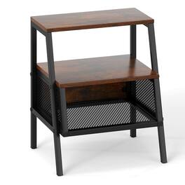 Costway - 1 PCS Industrial Nightstand 3-Tier End Table with 2 Open Shelves & Metal Mesh Compartment - Rustic Brown,Black