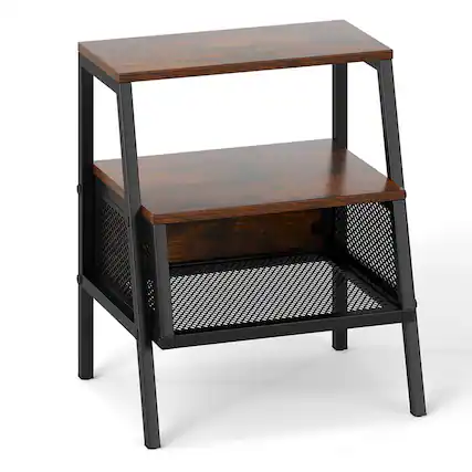 Front. Costway - Costway 1 PCS Industrial Nightstand 3-Tier End Table with 2 Open Shelves & Metal Mesh Compartment - Rustic Brown,Black.