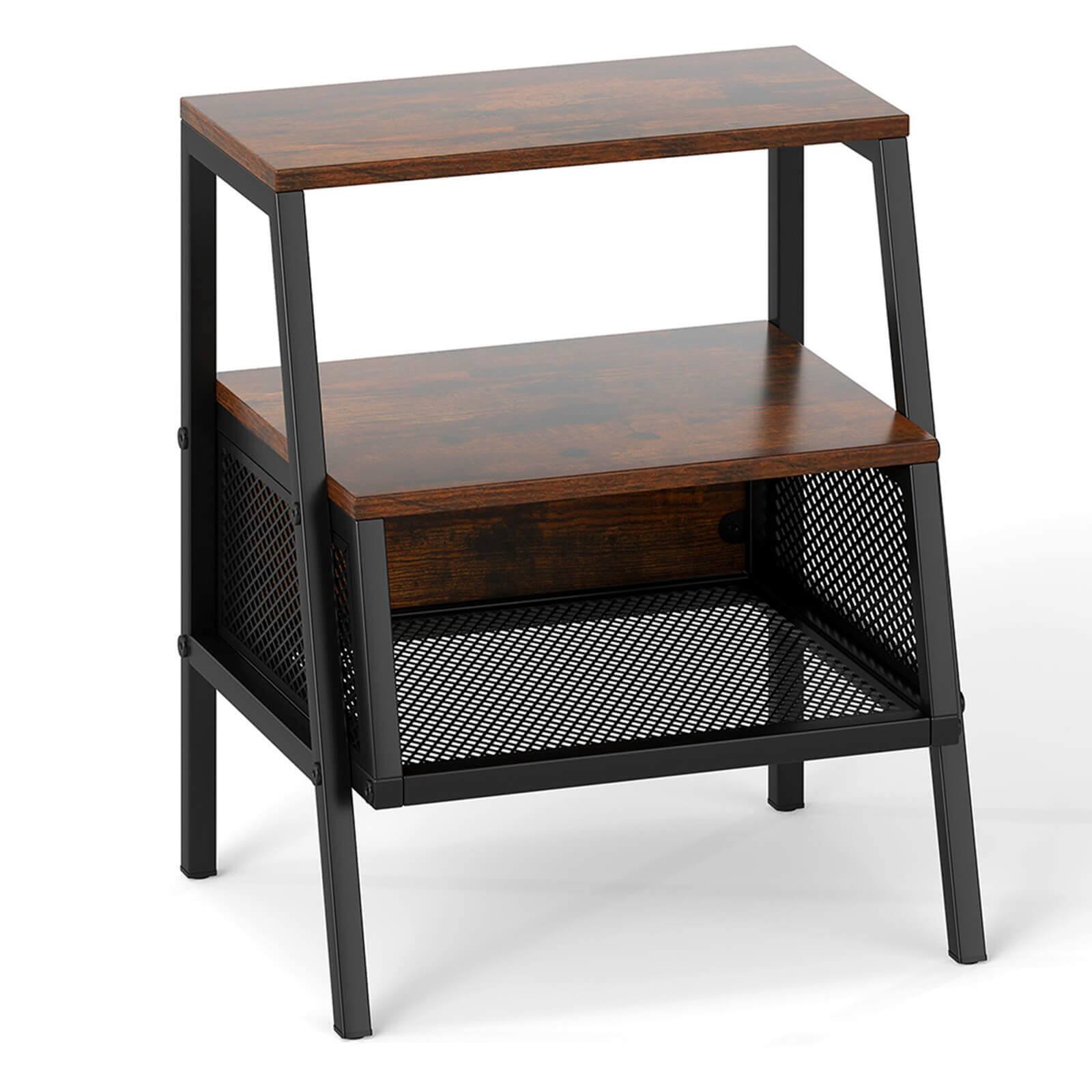 Front. Costway - Costway 1 PCS Industrial Nightstand 3-Tier End Table with 2 Open Shelves & Metal Mesh Compartment - Rustic Brown,Black.