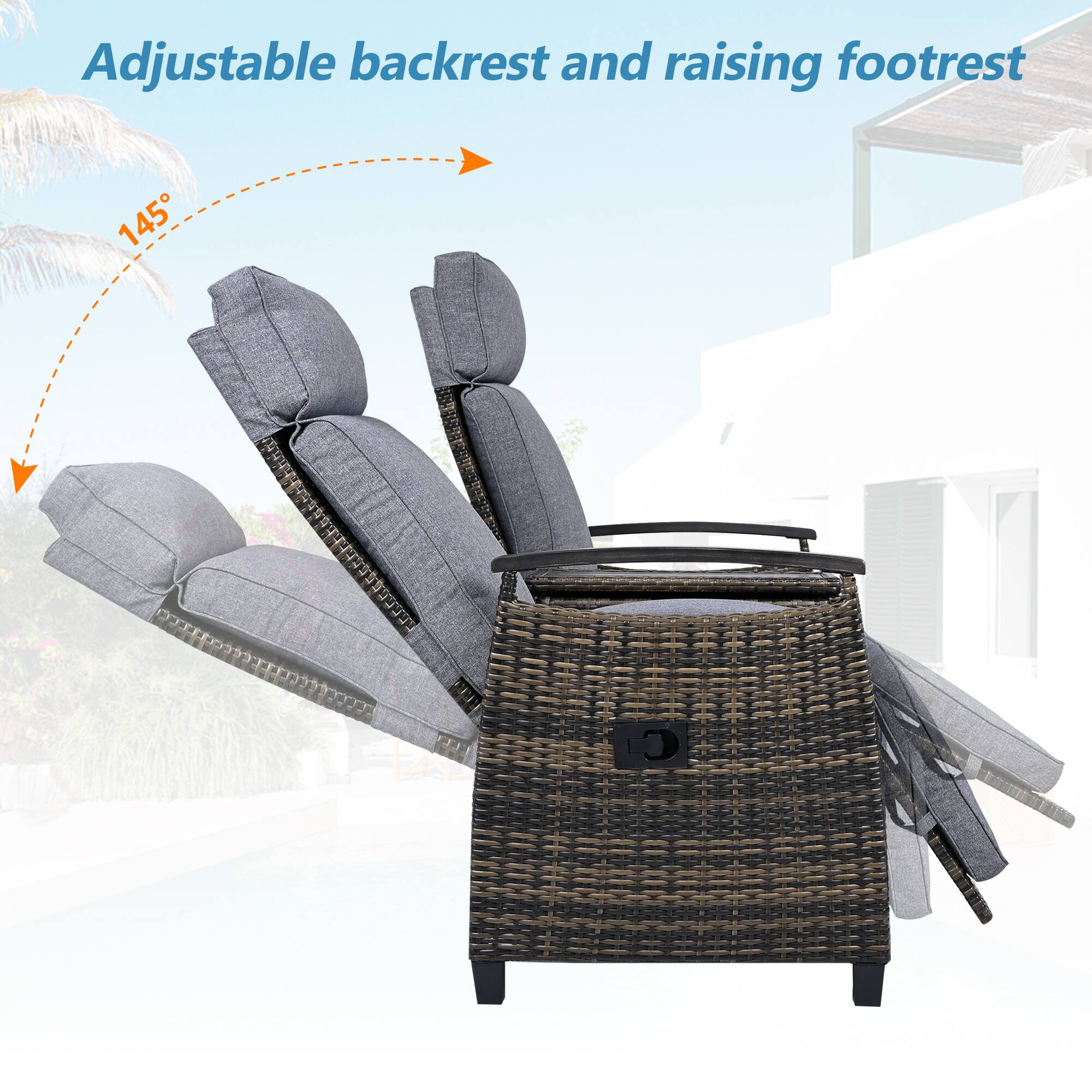 Adjustable backrest and raising footrest 145°