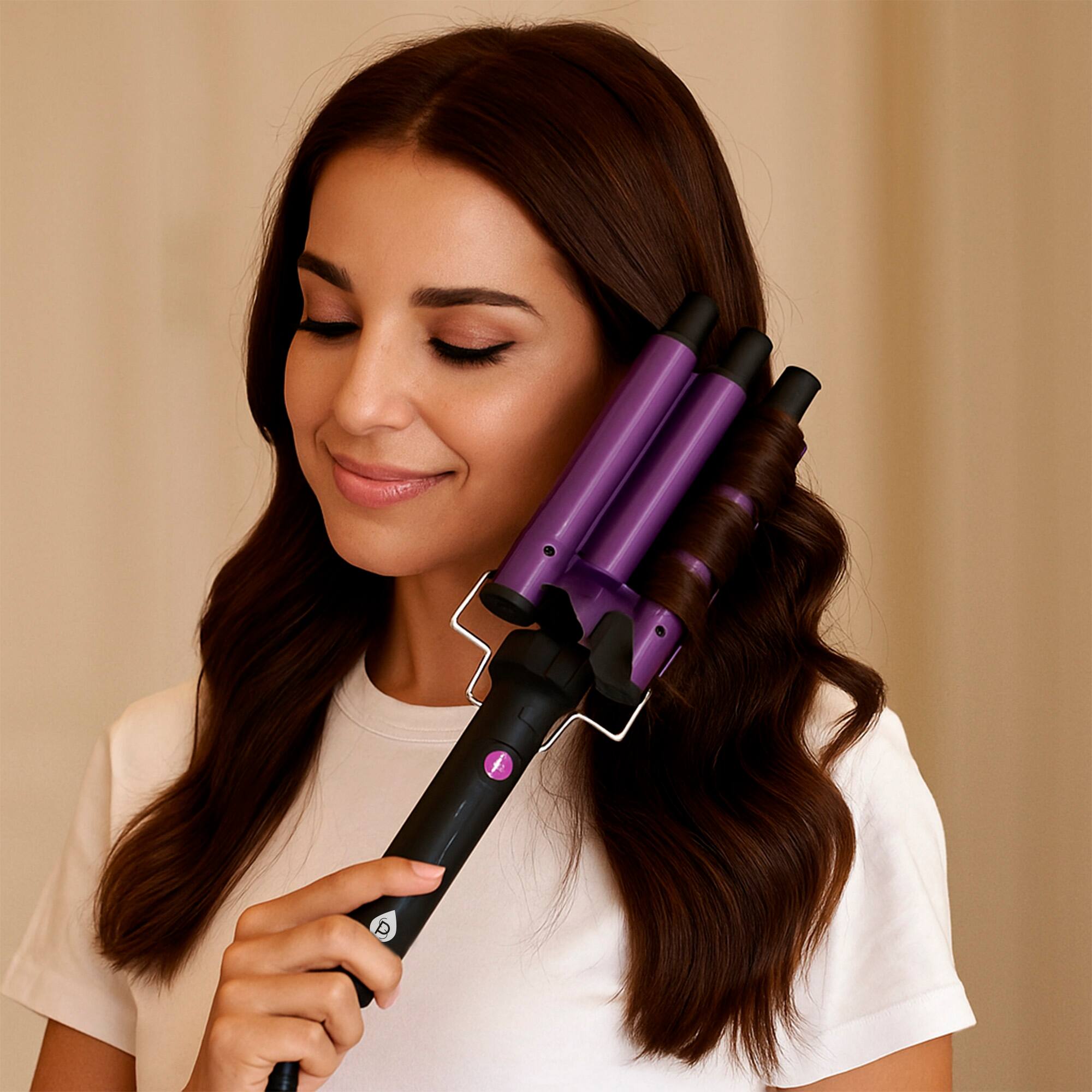 Left. Pursonic - Pursonic Triple Barrel Hair Curler – Effortless Beach Waves & Curls - Purple.