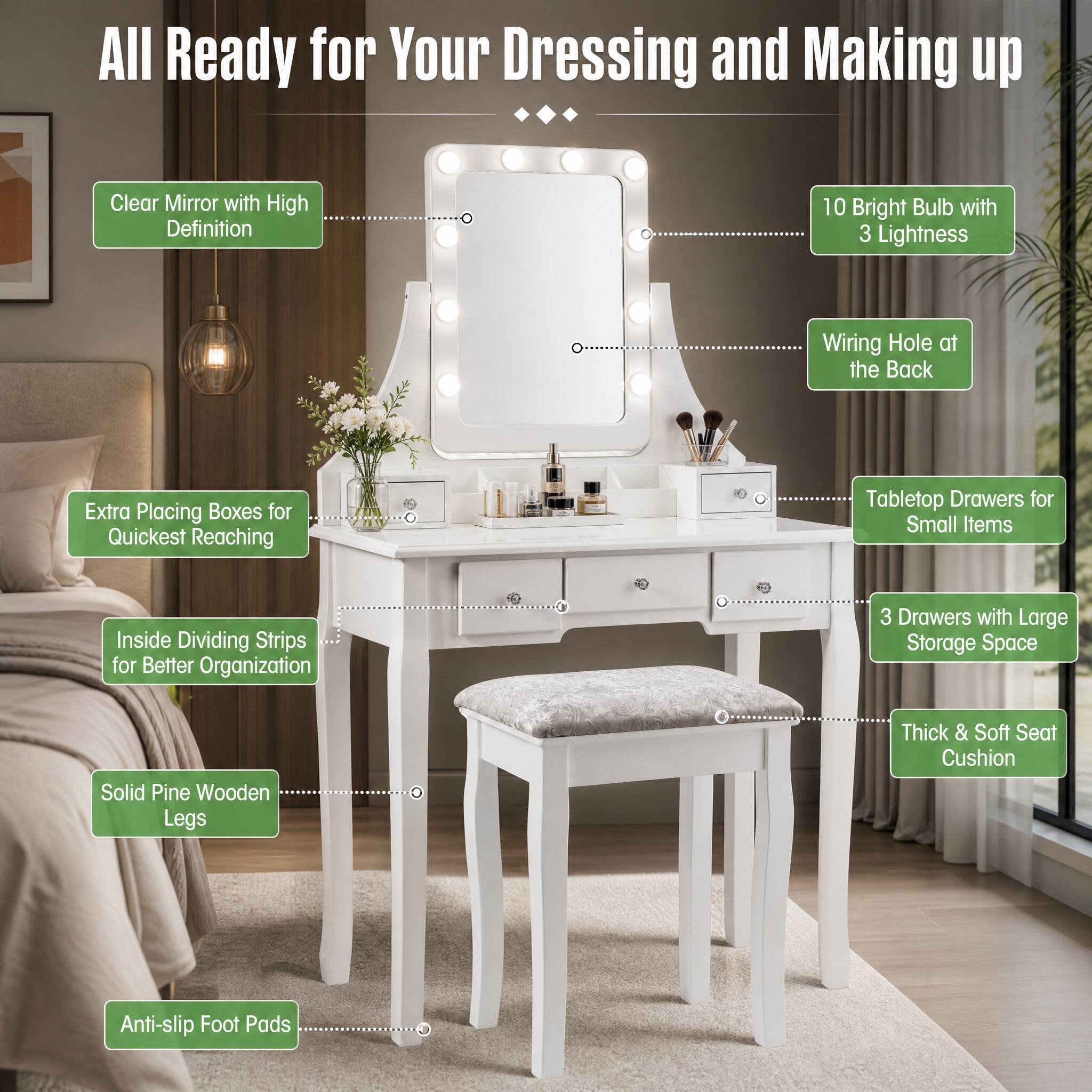All Ready for Your Dressing and Making up

- Clear Mirror with High Definition
- 10 Bright Bulb with 3 Lightness
- Wiring Hole at the Back
- Extra Placing Boxes for Quickest Reaching
- Tabletop Drawers for Small Items
- Inside Dividing Strips for Better Organization
- 3 Drawers with Large Storage Space
- Solid Pine Wooden Legs
- Thick & Soft Seat Cushion
- Anti-slip Foot Pads