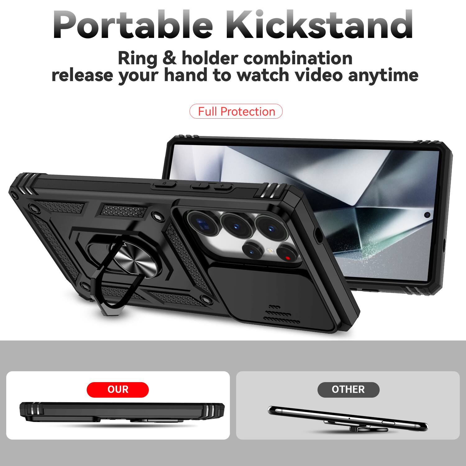 Portable Kickstand  
Ring & holder combination release your hand to watch video anytime  
Full Protection  

OUR  
OTHER