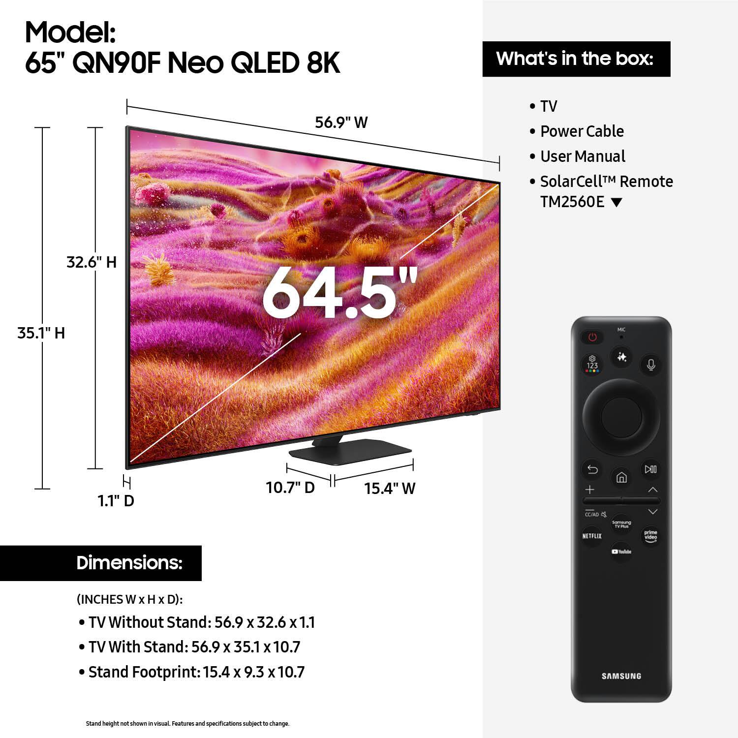 Samsung 65" Class QN90F Series Neo QLED Mini LED 4K UHD Samsung Vision AI Smart Tizen TV (2025) display and camera view