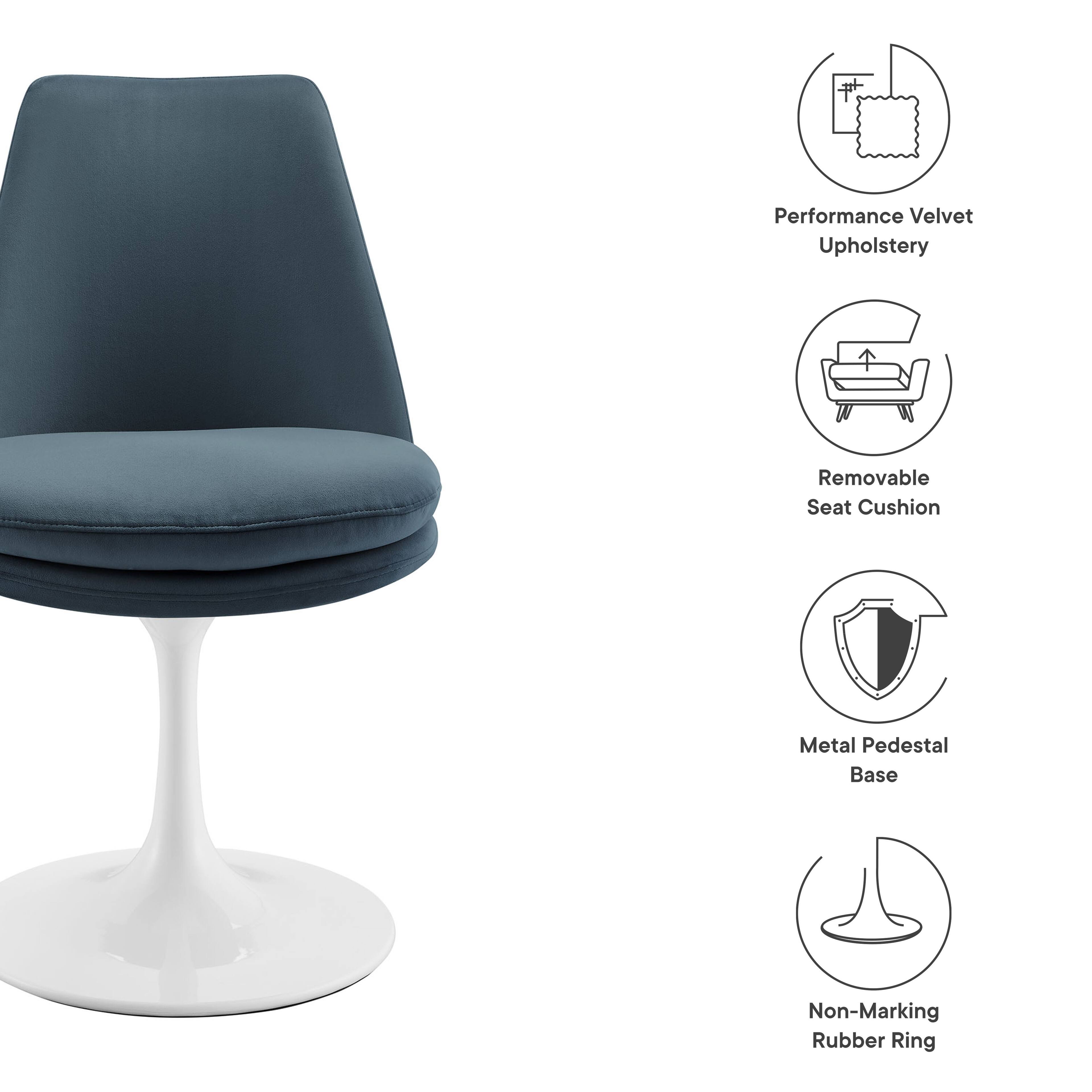 Performance Velvet Upholstery  
Removable Seat Cushion  
Metal Pedestal Base  
Non-Marking Rubber Ring