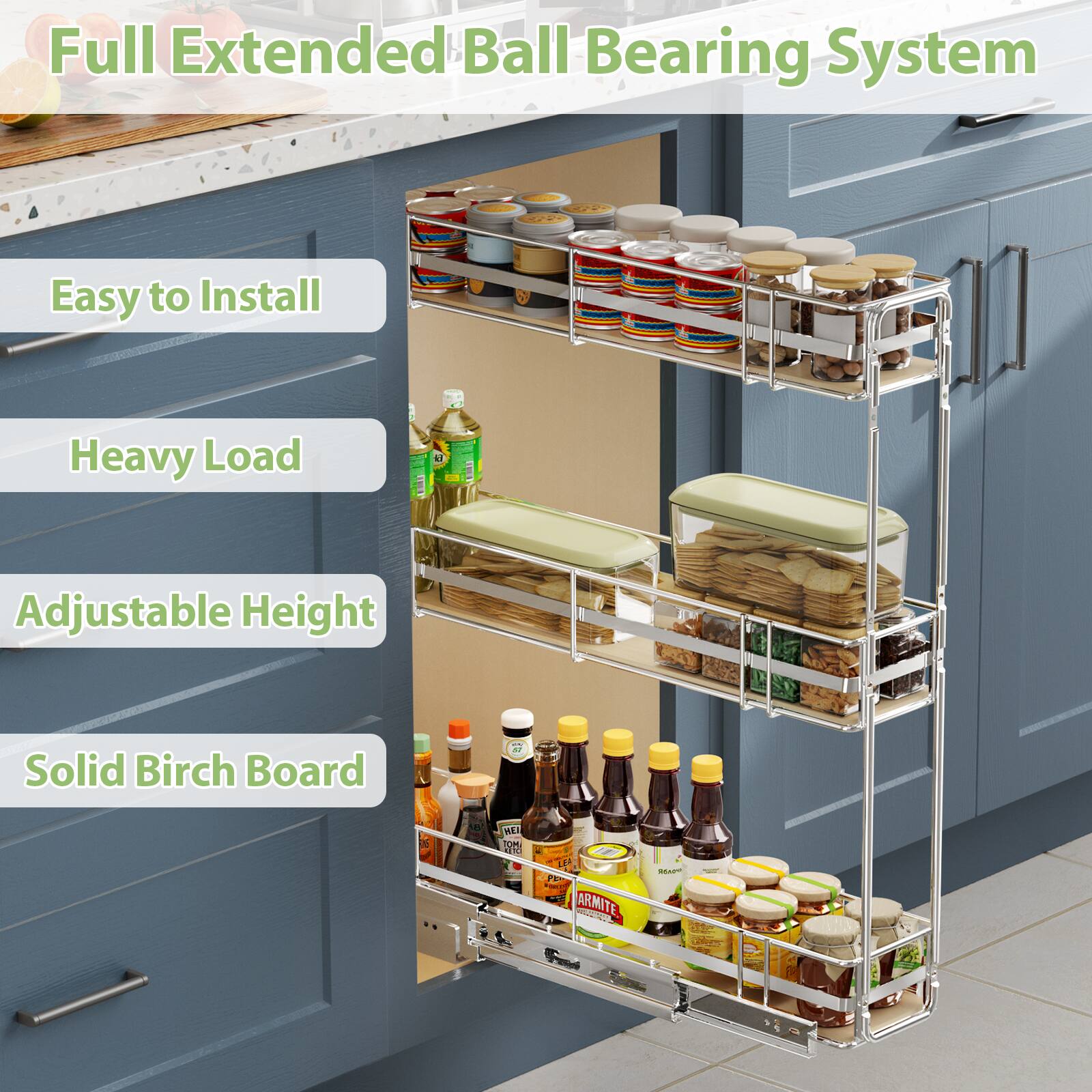 Full Extended Ball Bearing System, Easy to Install, Heavy Load, Adjustable Height, Solid Birch Board