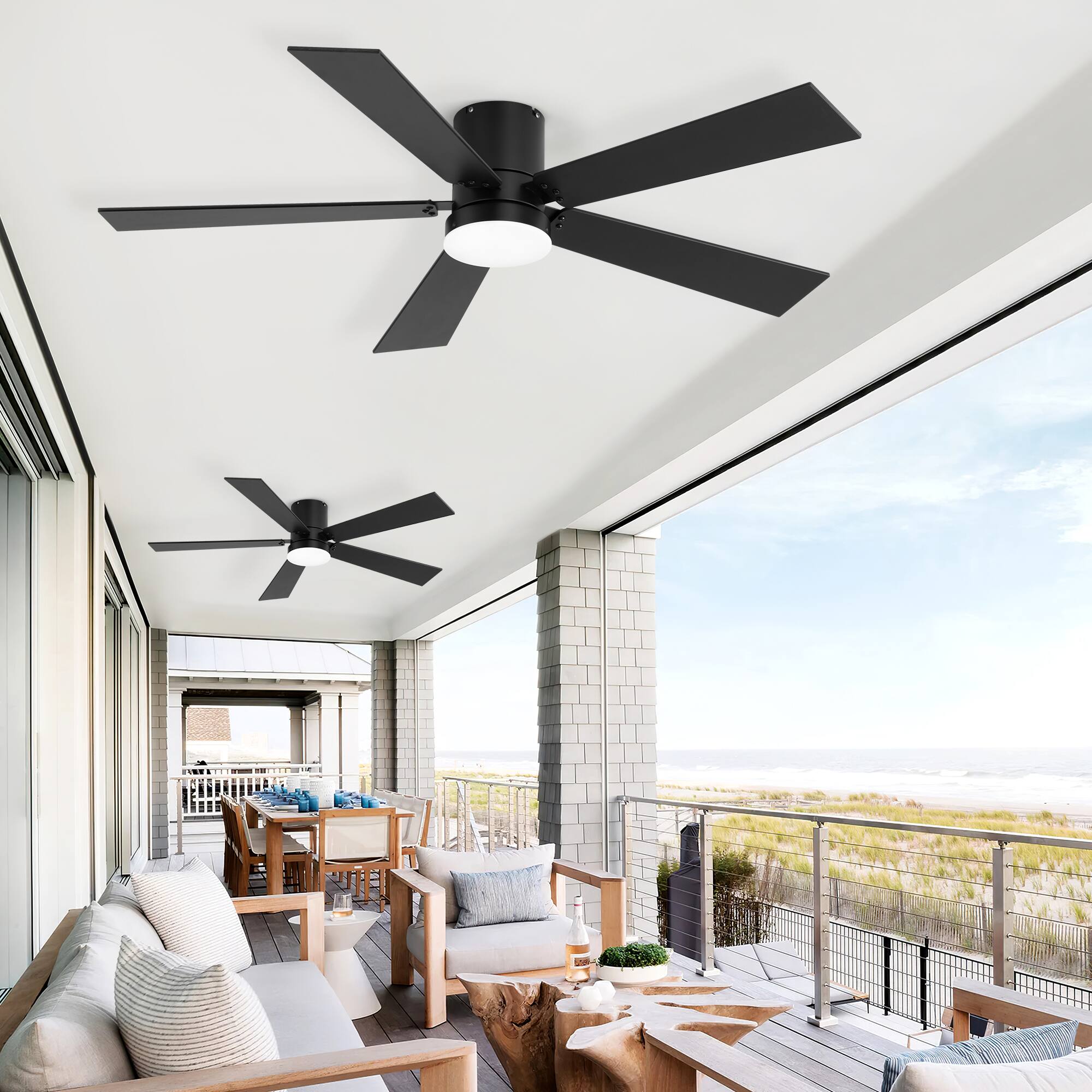 Left. Breezary - 42-Inch Ceiling Fan with LED Light, Dual-Color Reversible Plywood Blades, Flush Mount 2-Pack, DC Motor, Remote - Black (two pack).