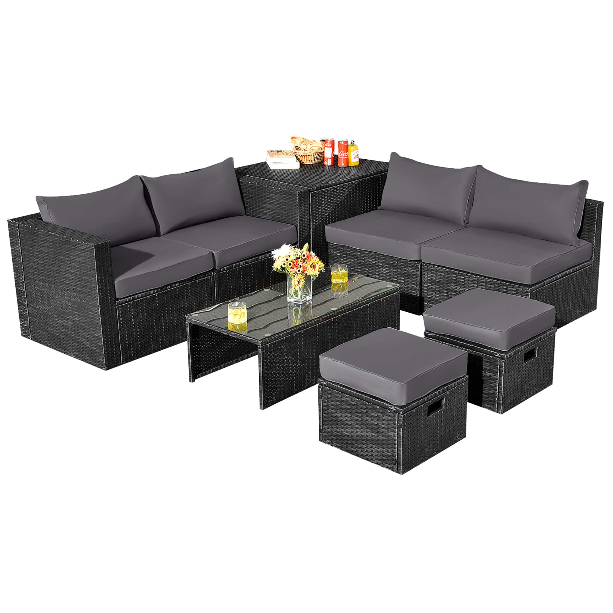 Costway - 8PCS Patio Rattan Furniture Set Storage Table Ottoman Grey cover - Gray